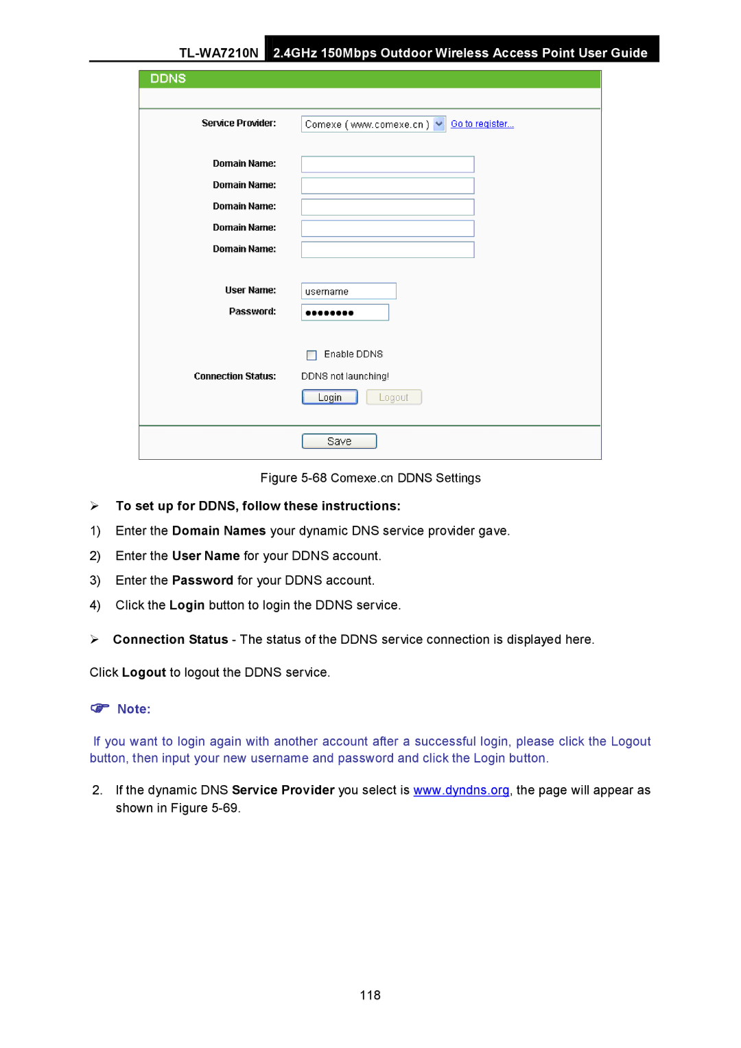 TP-Link TL-WA7210N manual  To set up for DDNS, follow these instructions, 68Comexe.cn Ddns Settings 