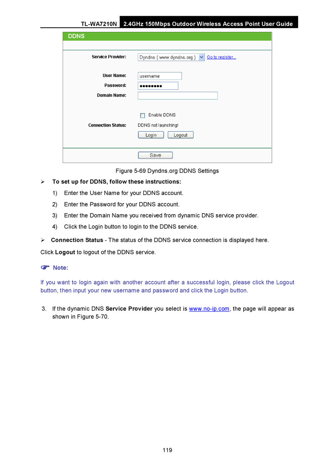 TP-Link TL-WA7210N manual Dyndns.org Ddns Settings 