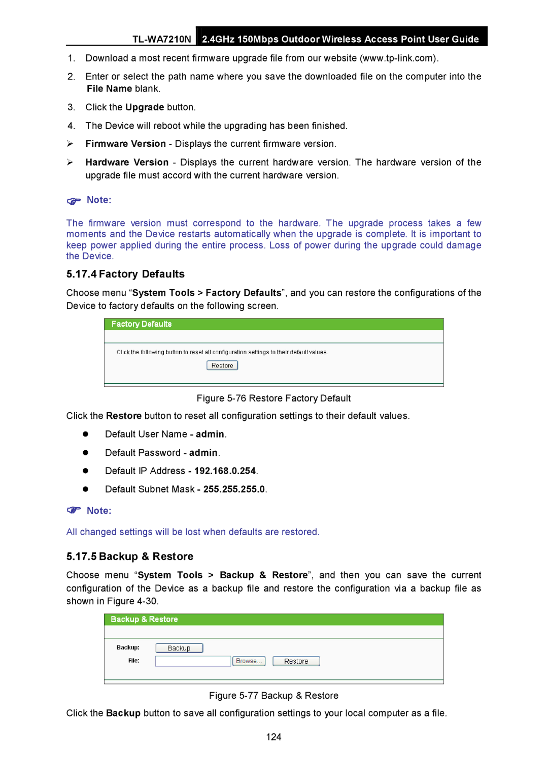 TP-Link TL-WA7210N manual Factory Defaults 