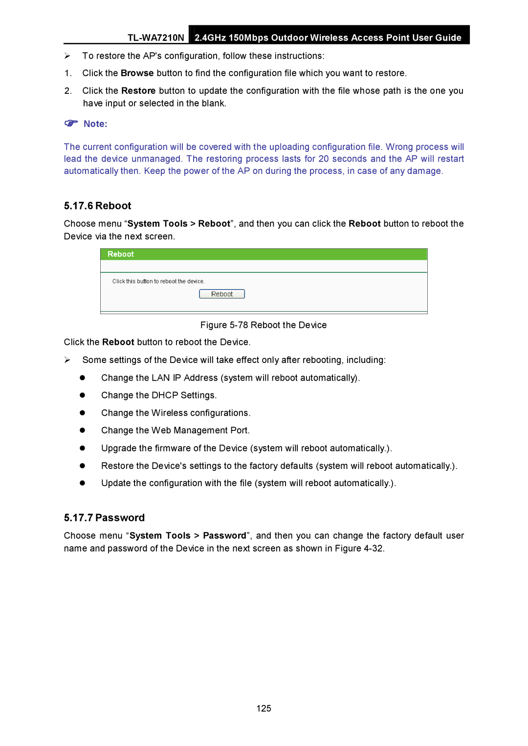 TP-Link TL-WA7210N manual Reboot 