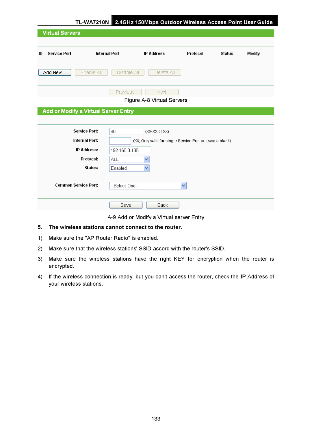 TP-Link TL-WA7210N manual Wireless stations cannot connect to the router 