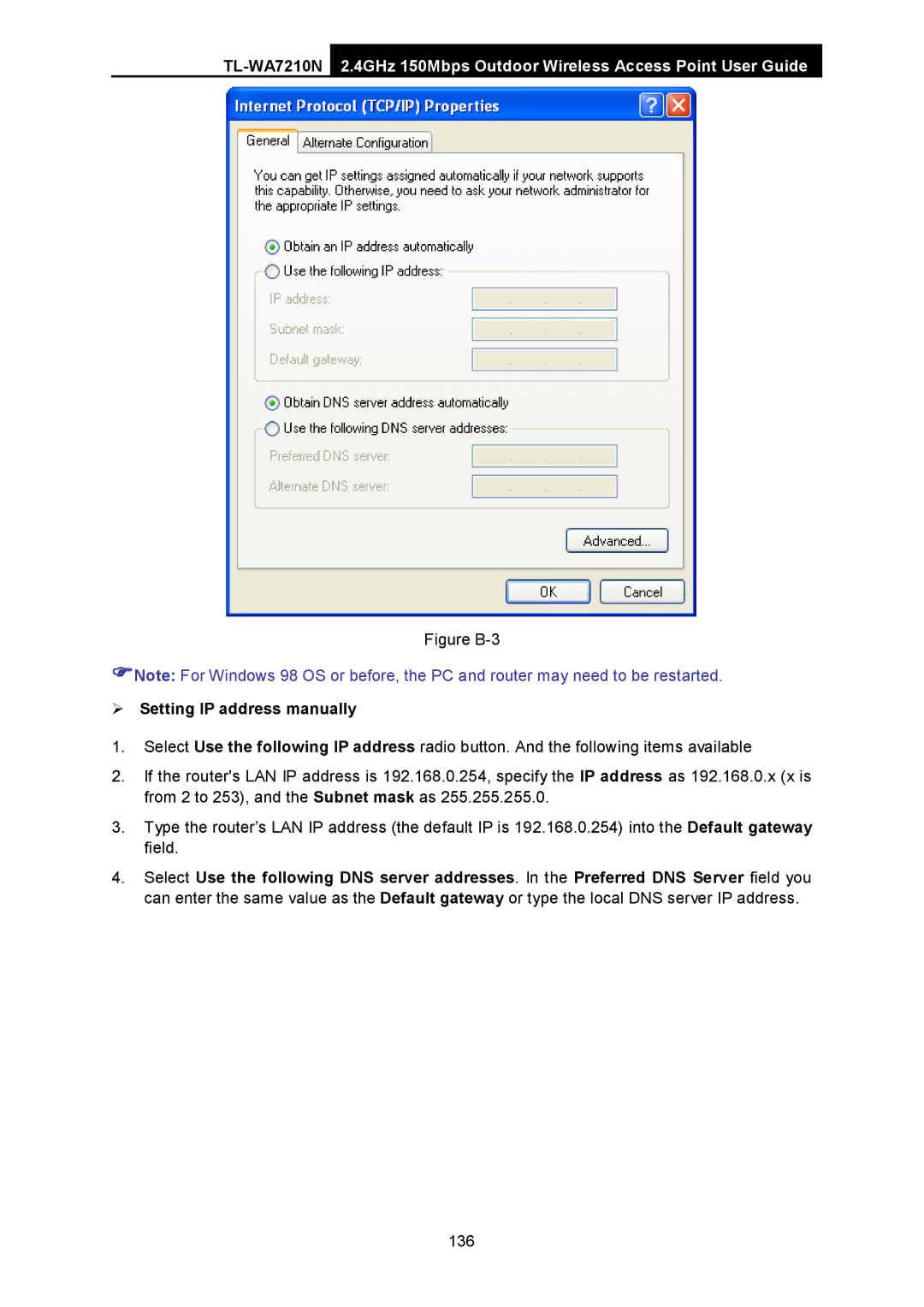 TP-Link TL-WA7210N Figure B-3,  Setting IP address manually 