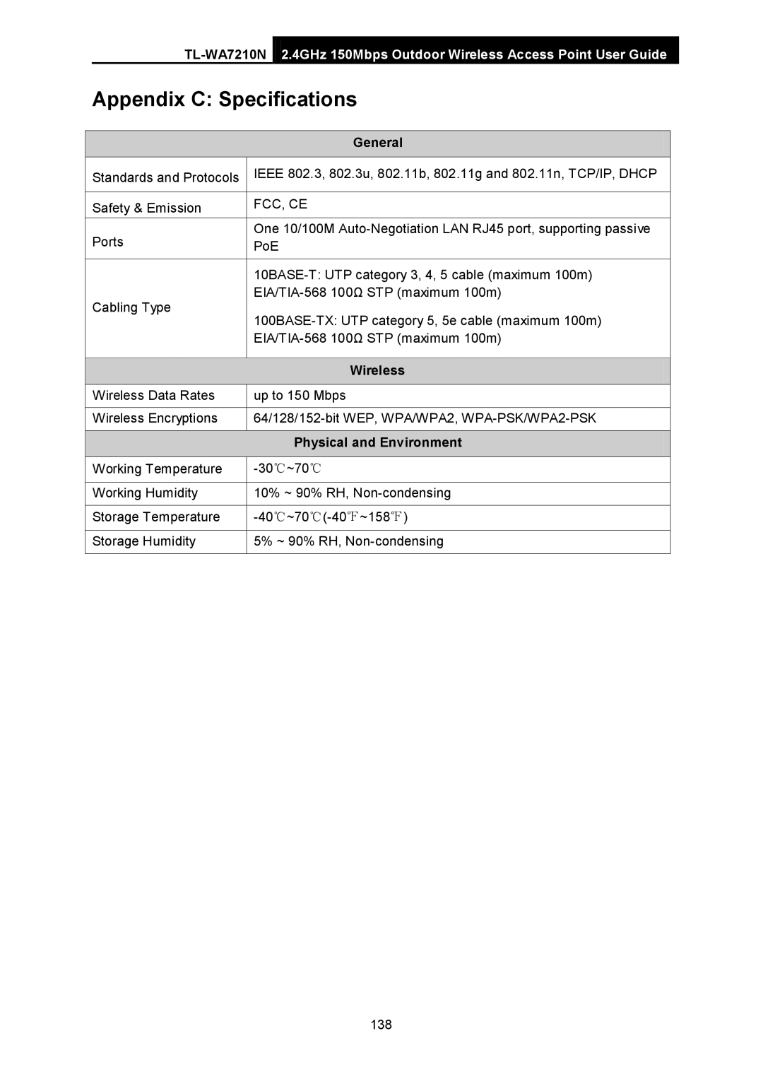 TP-Link TL-WA7210N manual General, Physical and Environment 