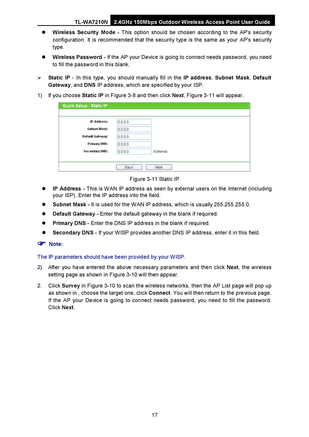 TP-Link TL-WA7210N manual IP parameters should have been provided by your Wisp 