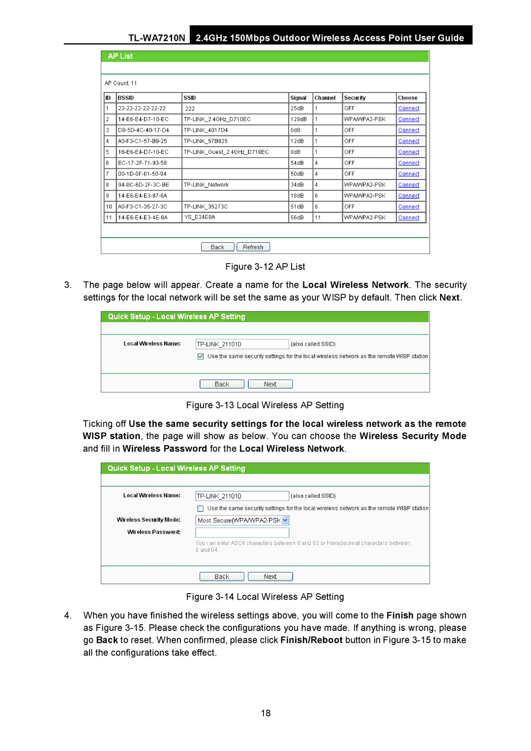 TP-Link TL-WA7210N manual Local Wireless AP Setting 