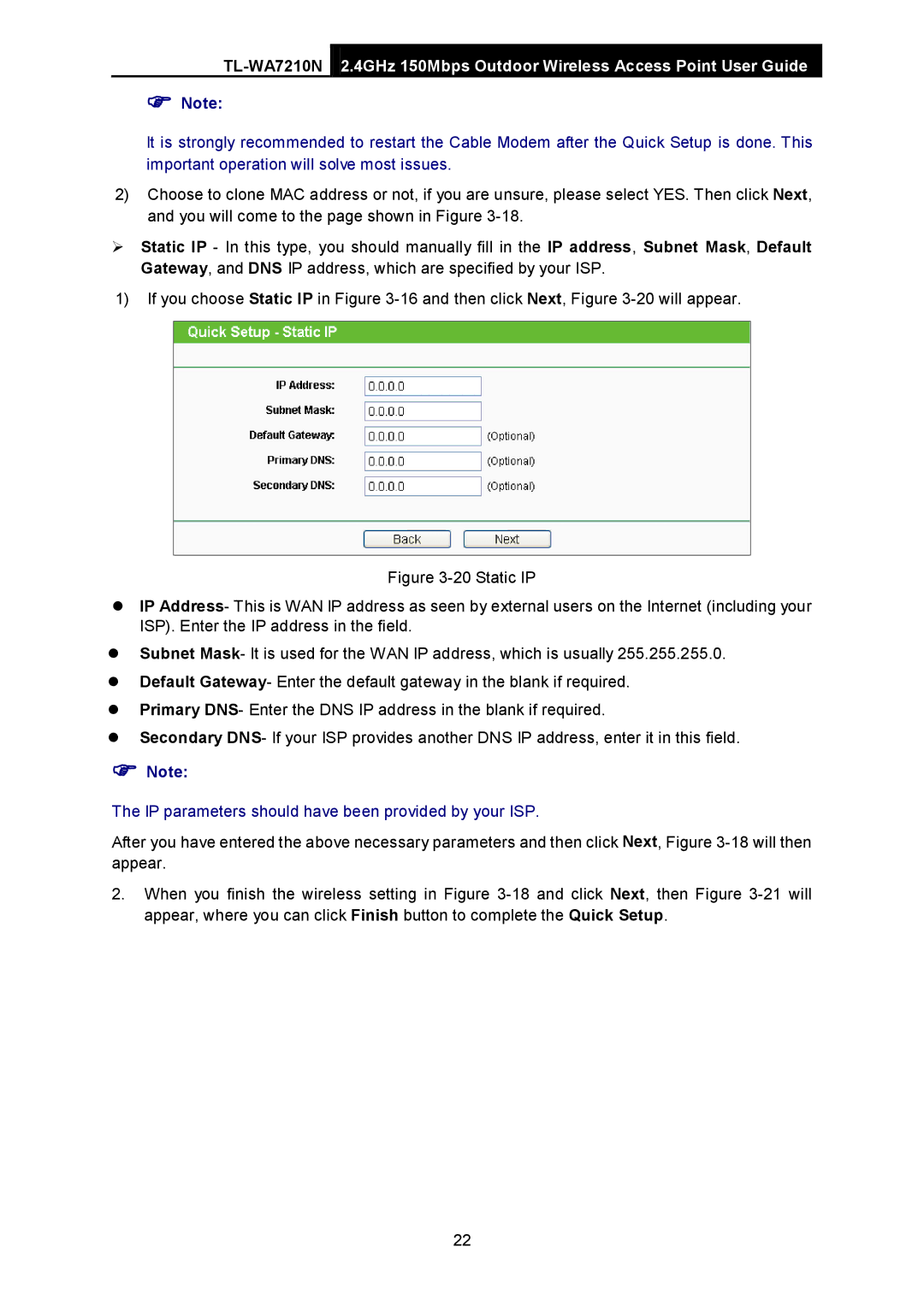 TP-Link TL-WA7210N manual IP parameters should have been provided by your ISP 