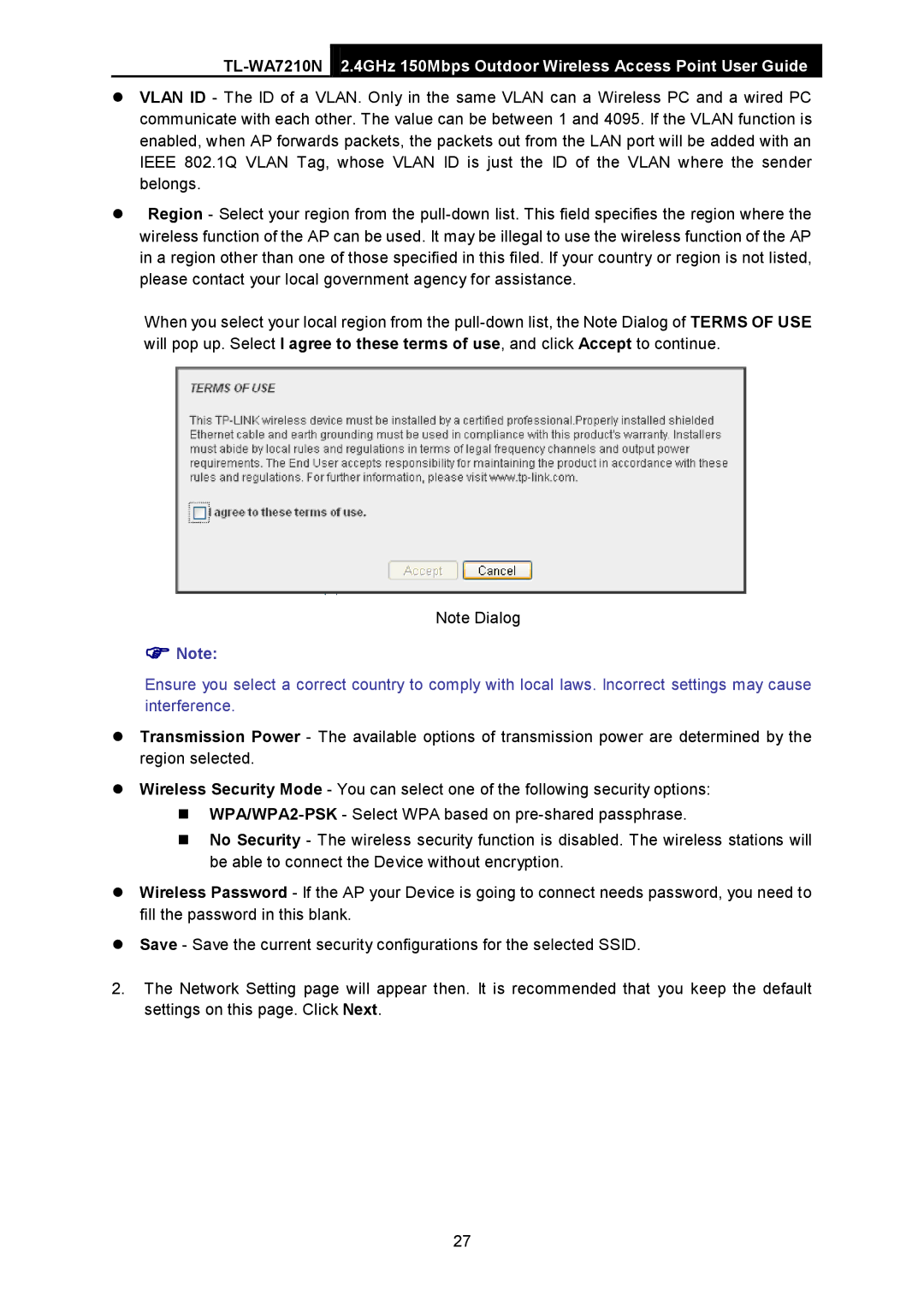 TP-Link TL-WA7210N manual  Note 