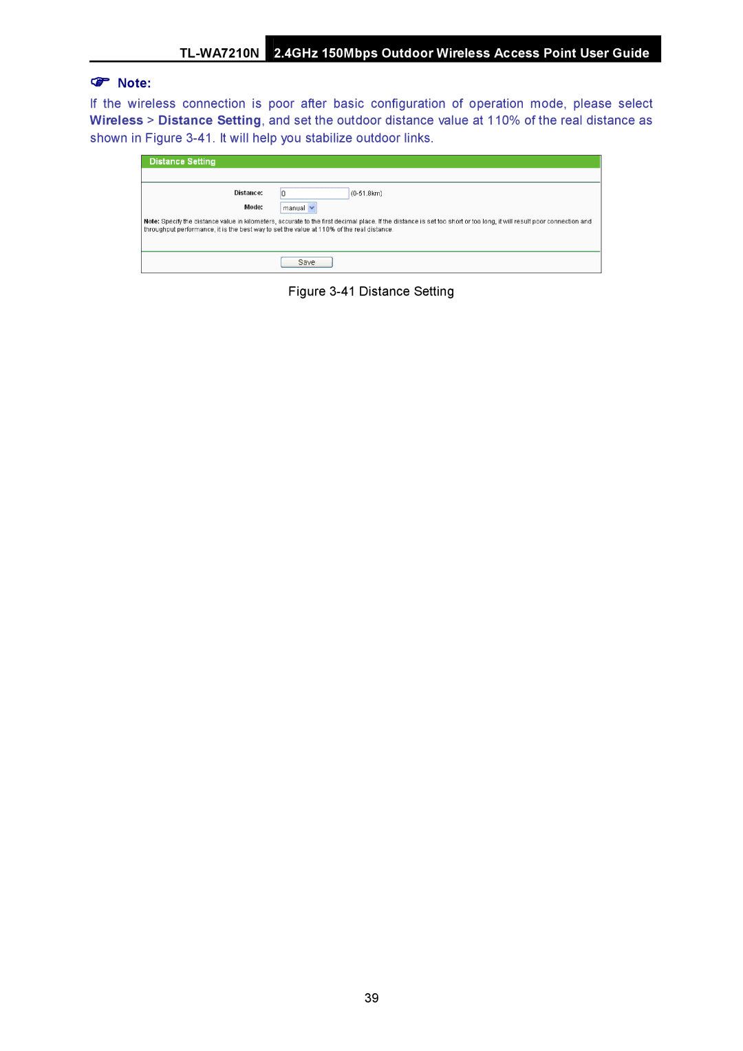 TP-Link TL-WA7210N manual Distance Setting 