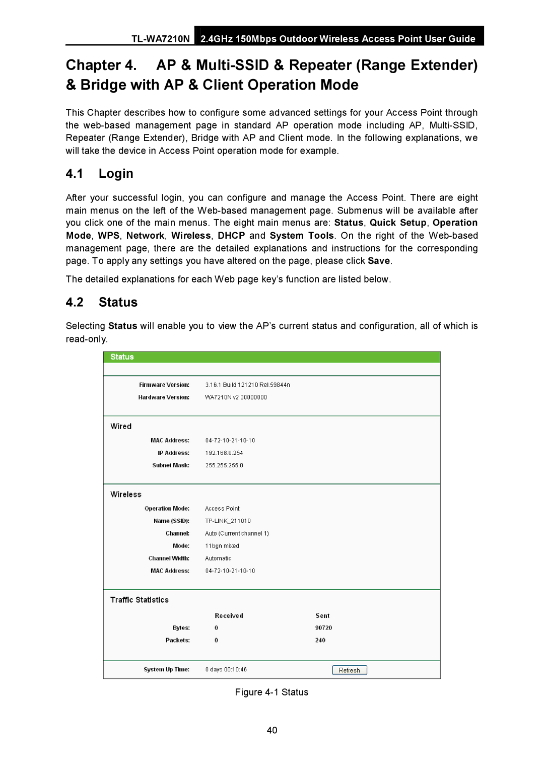 TP-Link TL-WA7210N manual Login, Status 