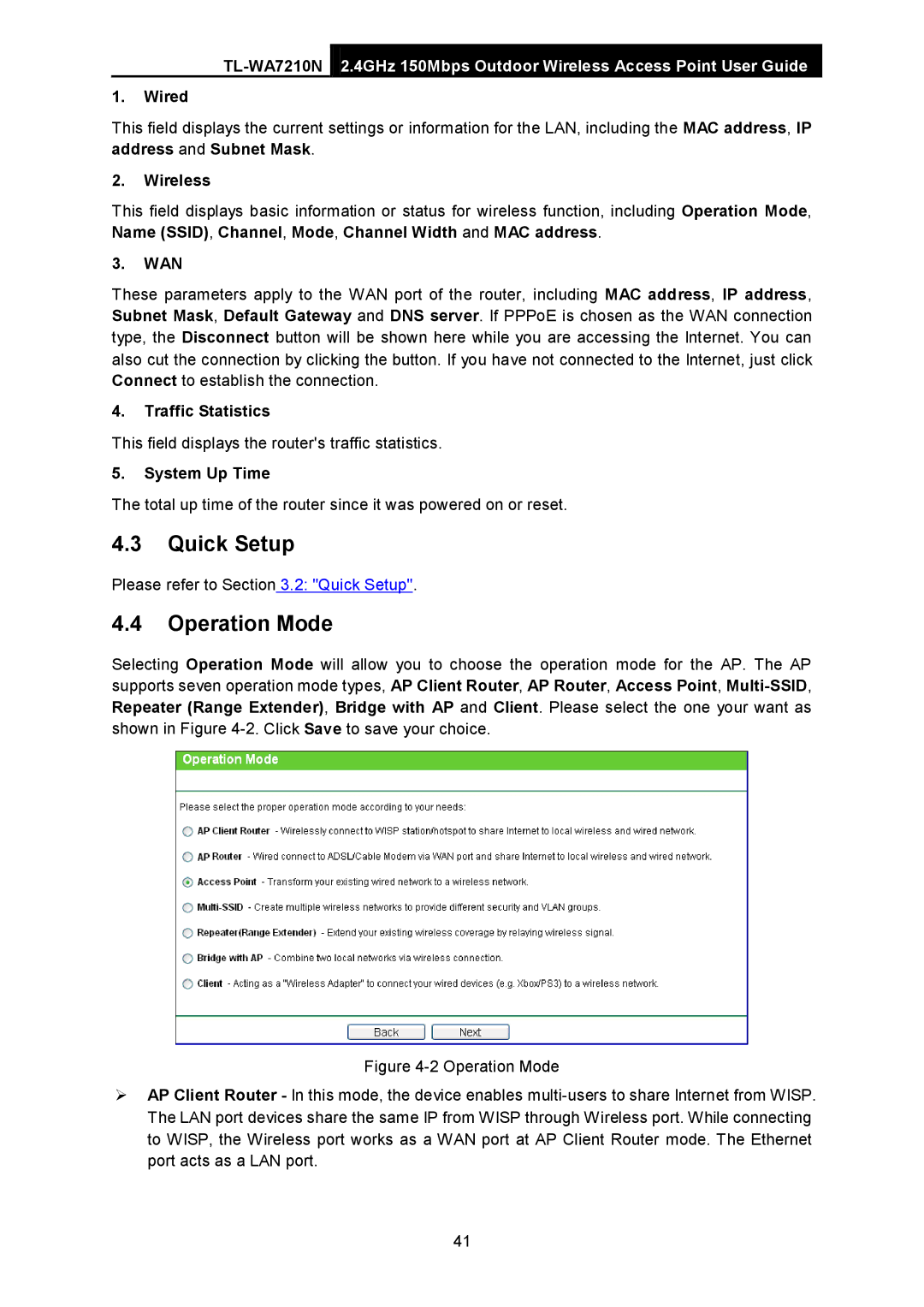 TP-Link TL-WA7210N manual Operation Mode 