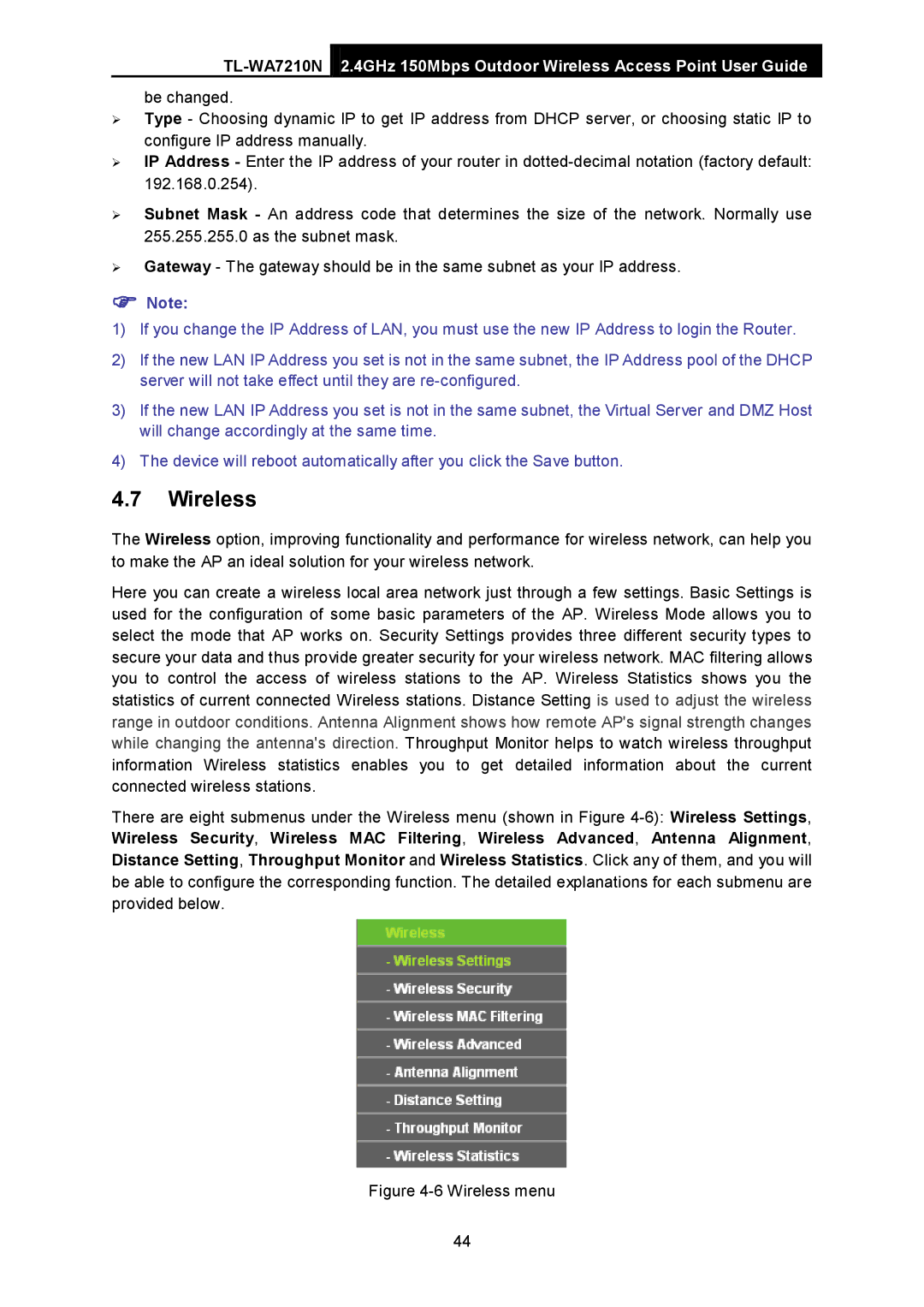 TP-Link TL-WA7210N manual Wireless menu 