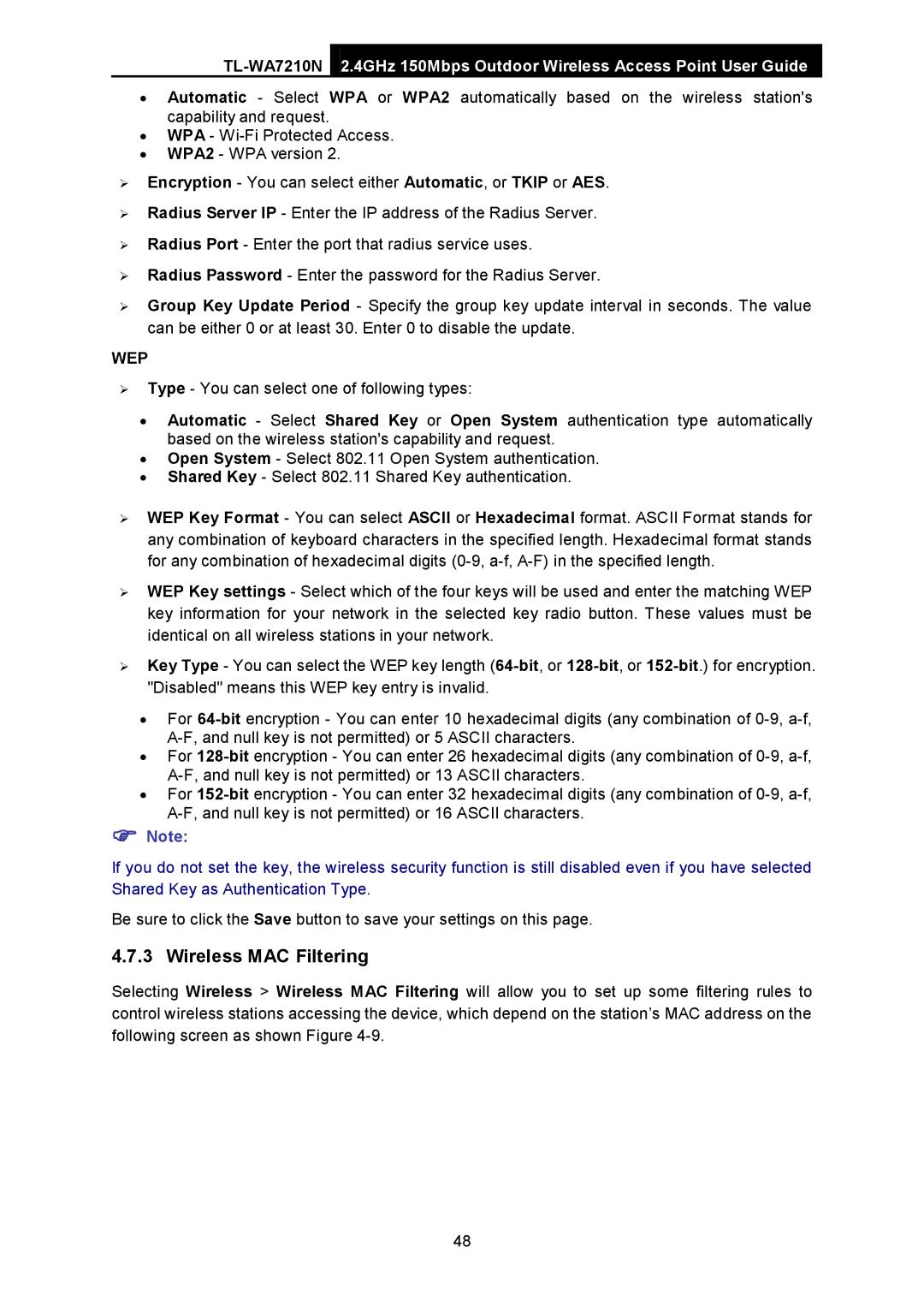 TP-Link TL-WA7210N manual Wireless MAC Filtering, Wep 
