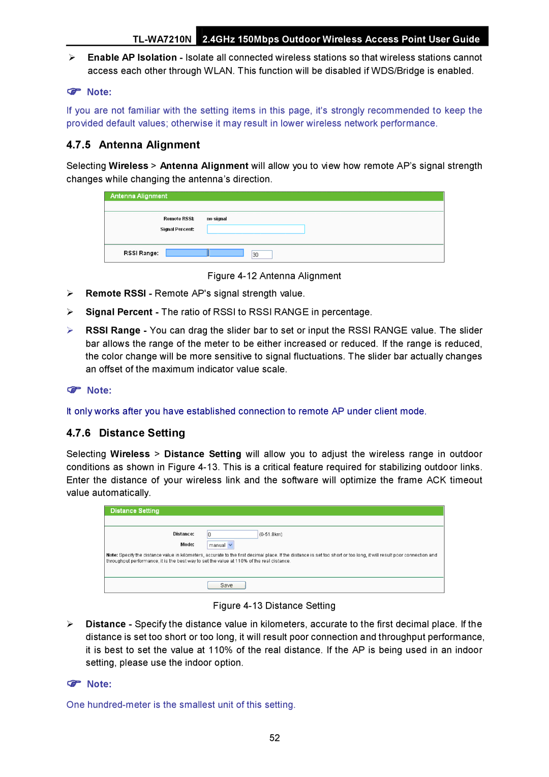 TP-Link TL-WA7210N manual Antenna Alignment, Distance Setting 