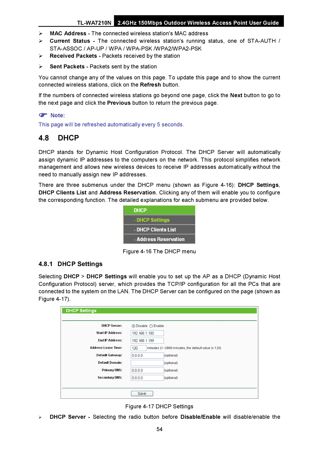 TP-Link TL-WA7210N manual Dhcp Settings 