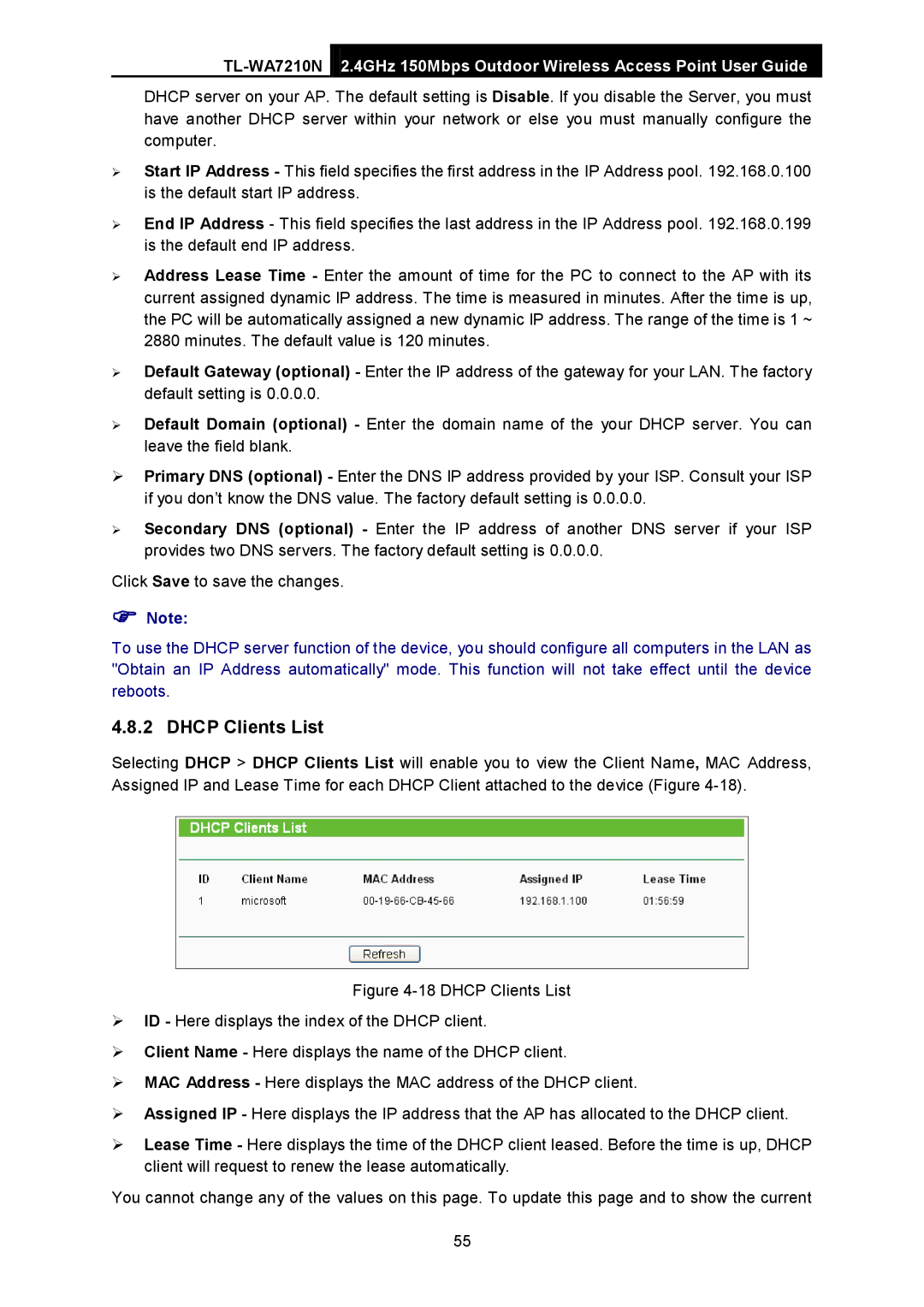 TP-Link TL-WA7210N manual Dhcp Clients List 