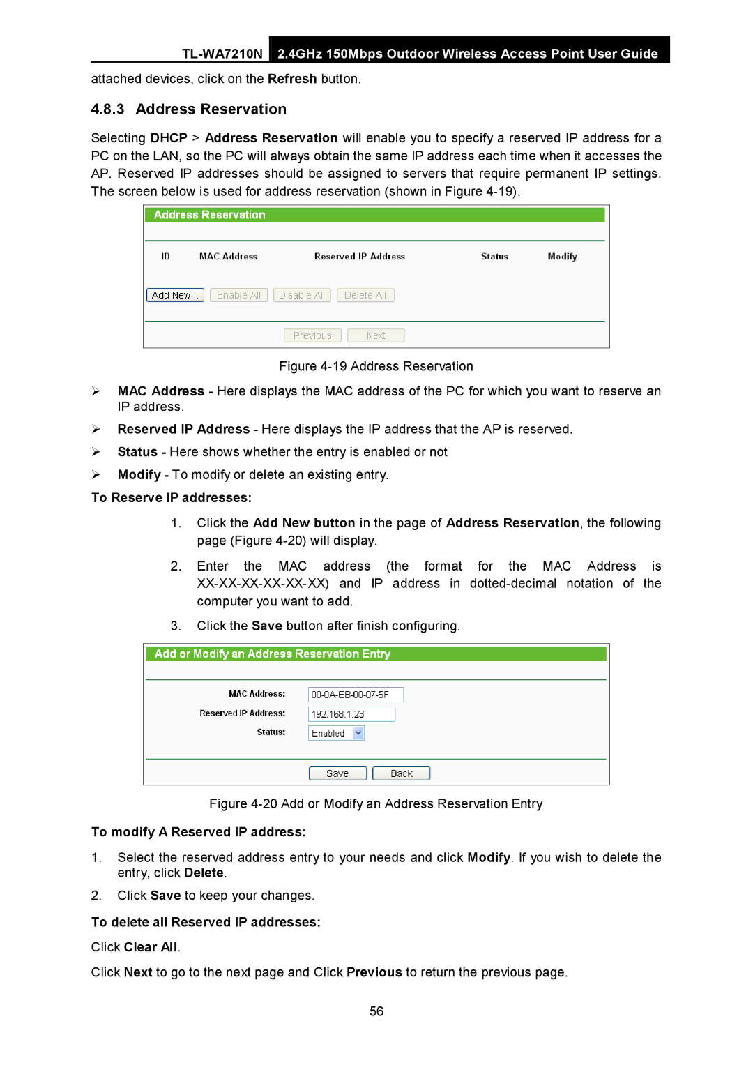 TP-Link TL-WA7210N manual Address Reservation, To modify a Reserved IP address 