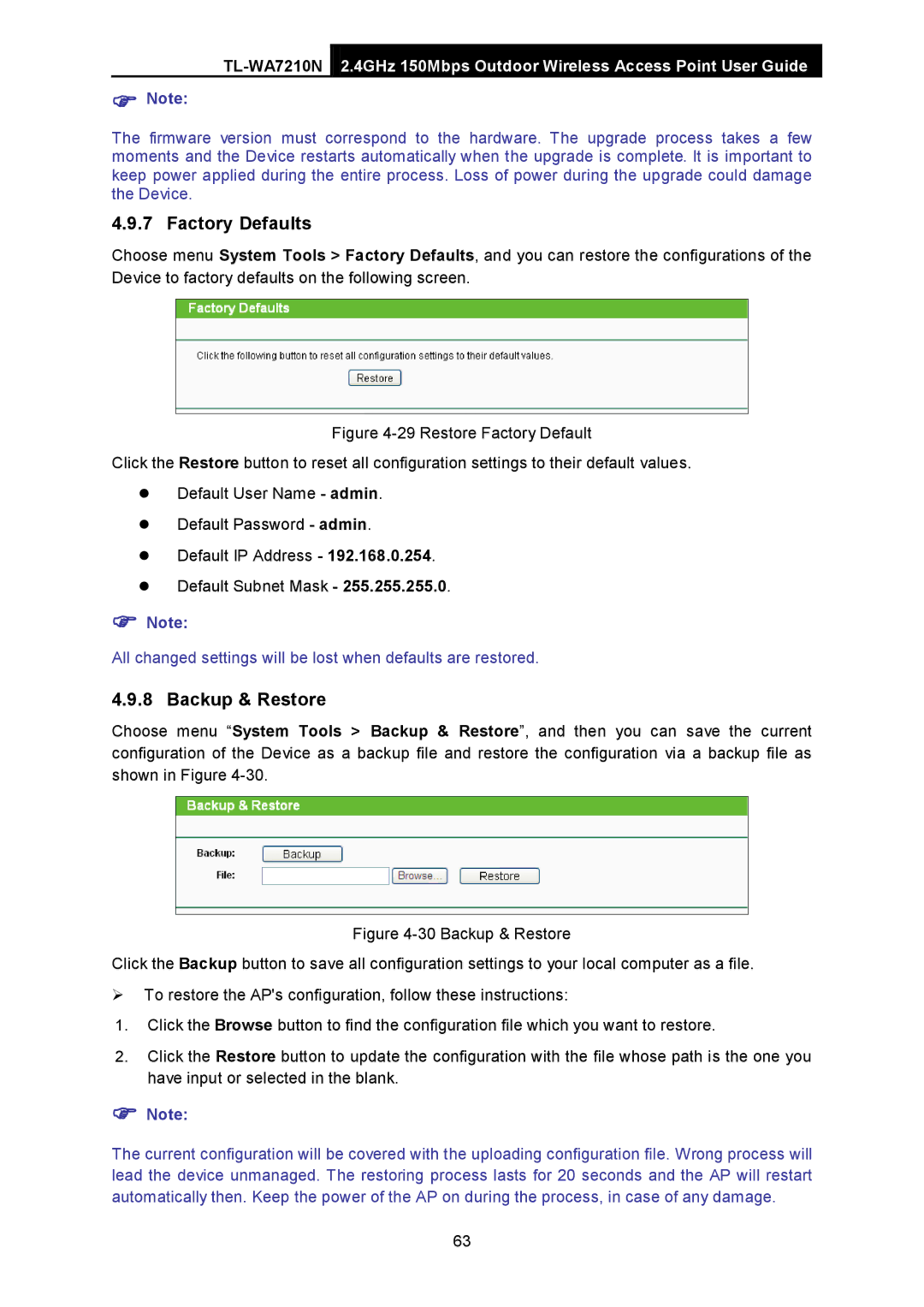 TP-Link TL-WA7210N manual Factory Defaults, Backup & Restore 