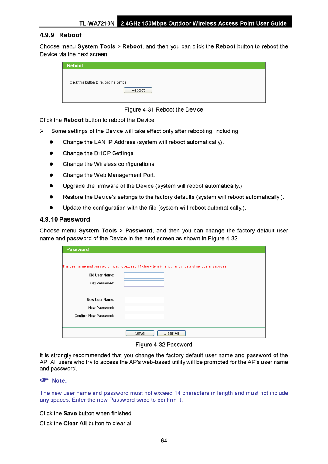 TP-Link TL-WA7210N manual Reboot, Password 