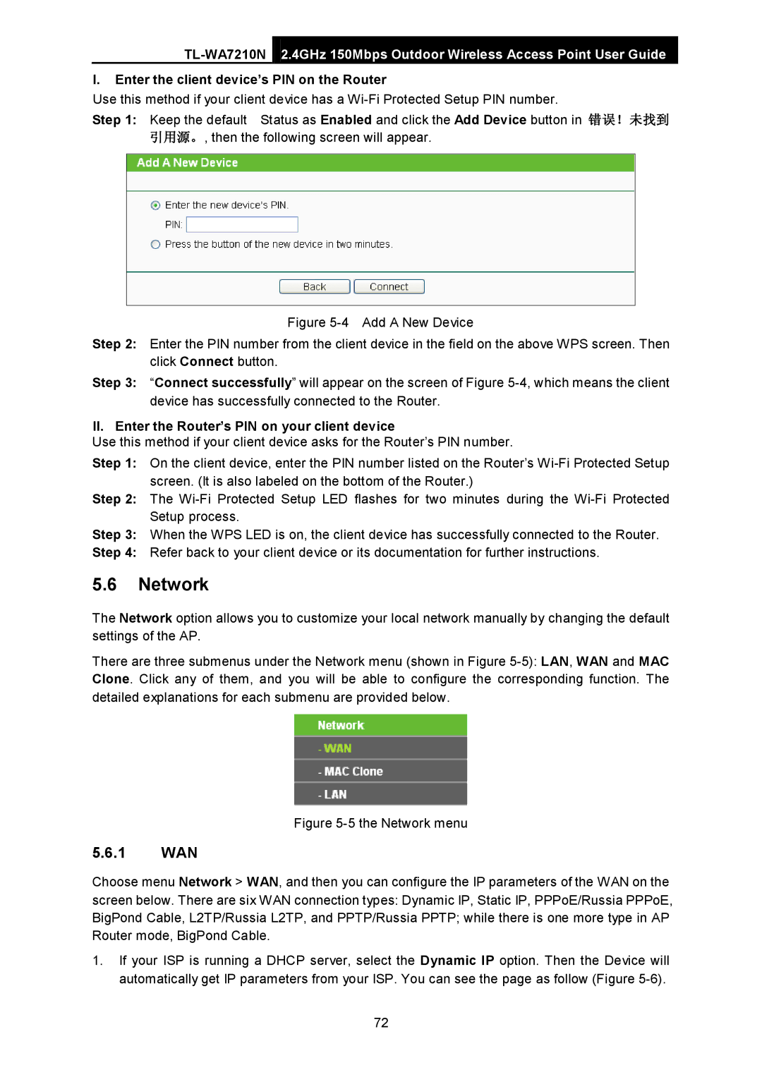 TP-Link TL-WA7210N 1 WAN, Enter the client device’s PIN on the Router, II. Enter the Router’s PIN on your client device 