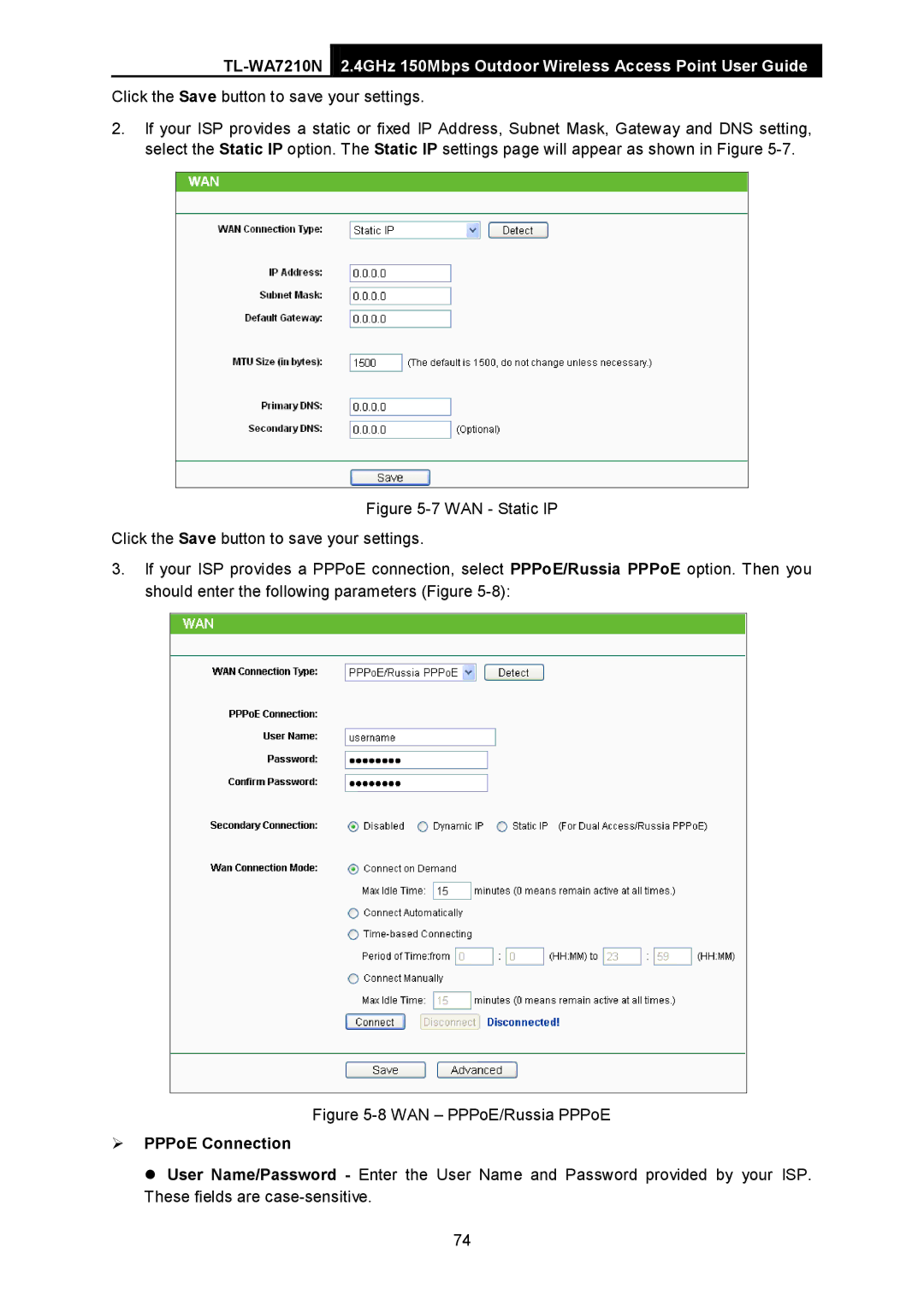 TP-Link TL-WA7210N manual WAN PPPoE/Russia PPPoE,  PPPoE Connection 