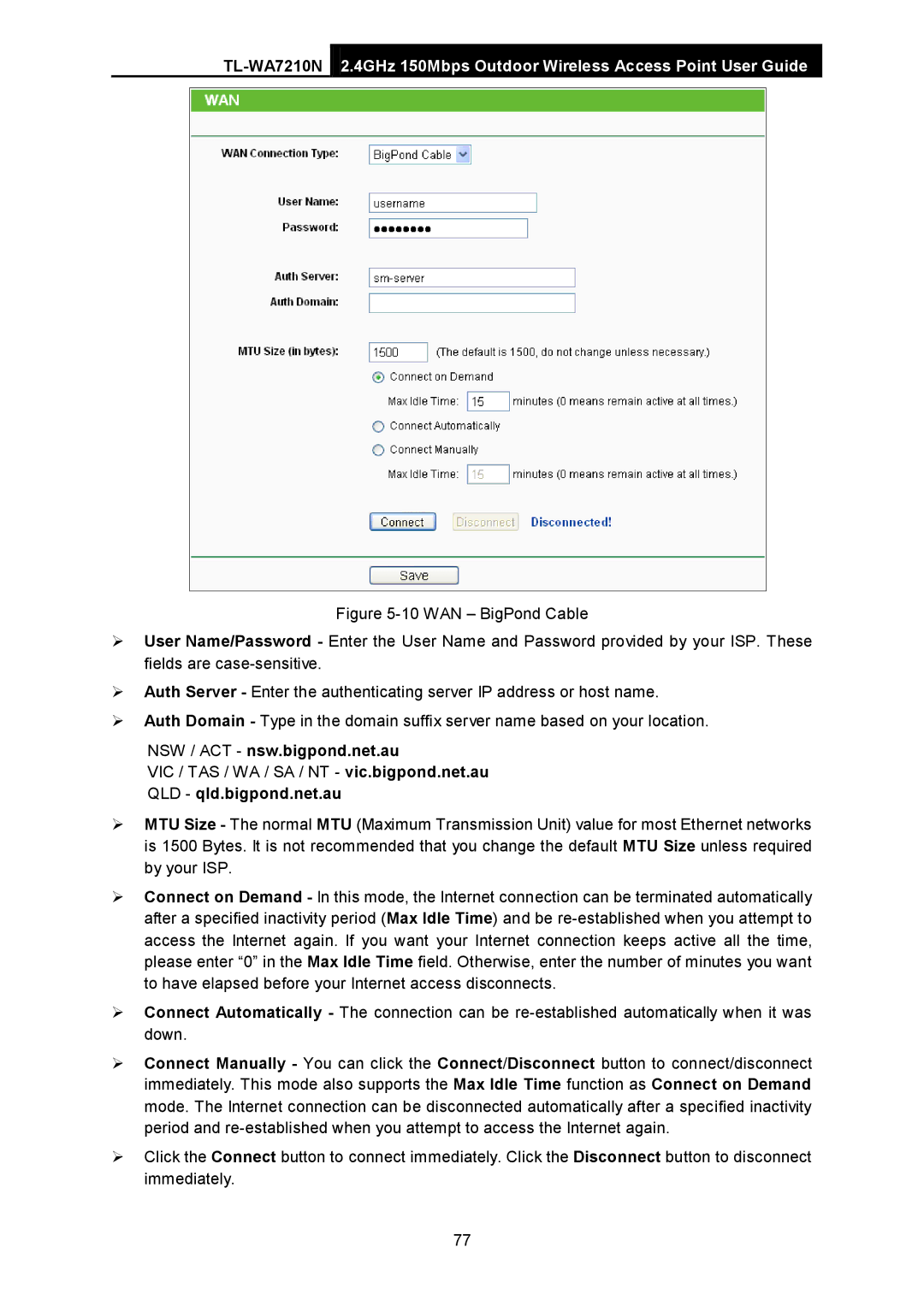 TP-Link TL-WA7210N manual NSW / ACT nsw.bigpond.net.au, QLD qld.bigpond.net.au 