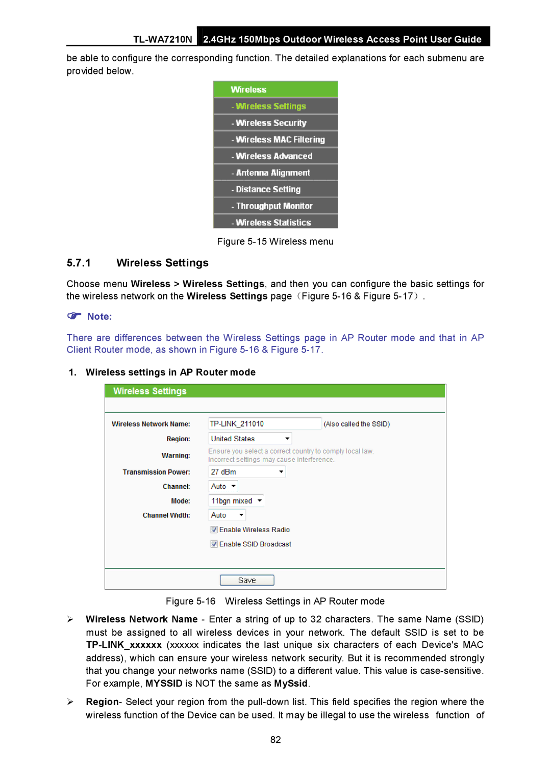 TP-Link TL-WA7210N manual Wireless menu, Wireless settings in AP Router mode 