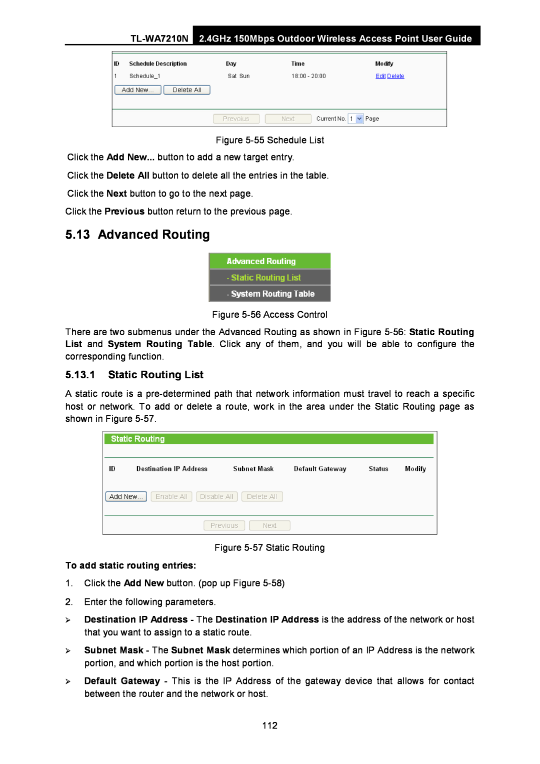 TP-Link TL-WA7210N manual Advanced Routing, Static Routing List, To add static routing entries 