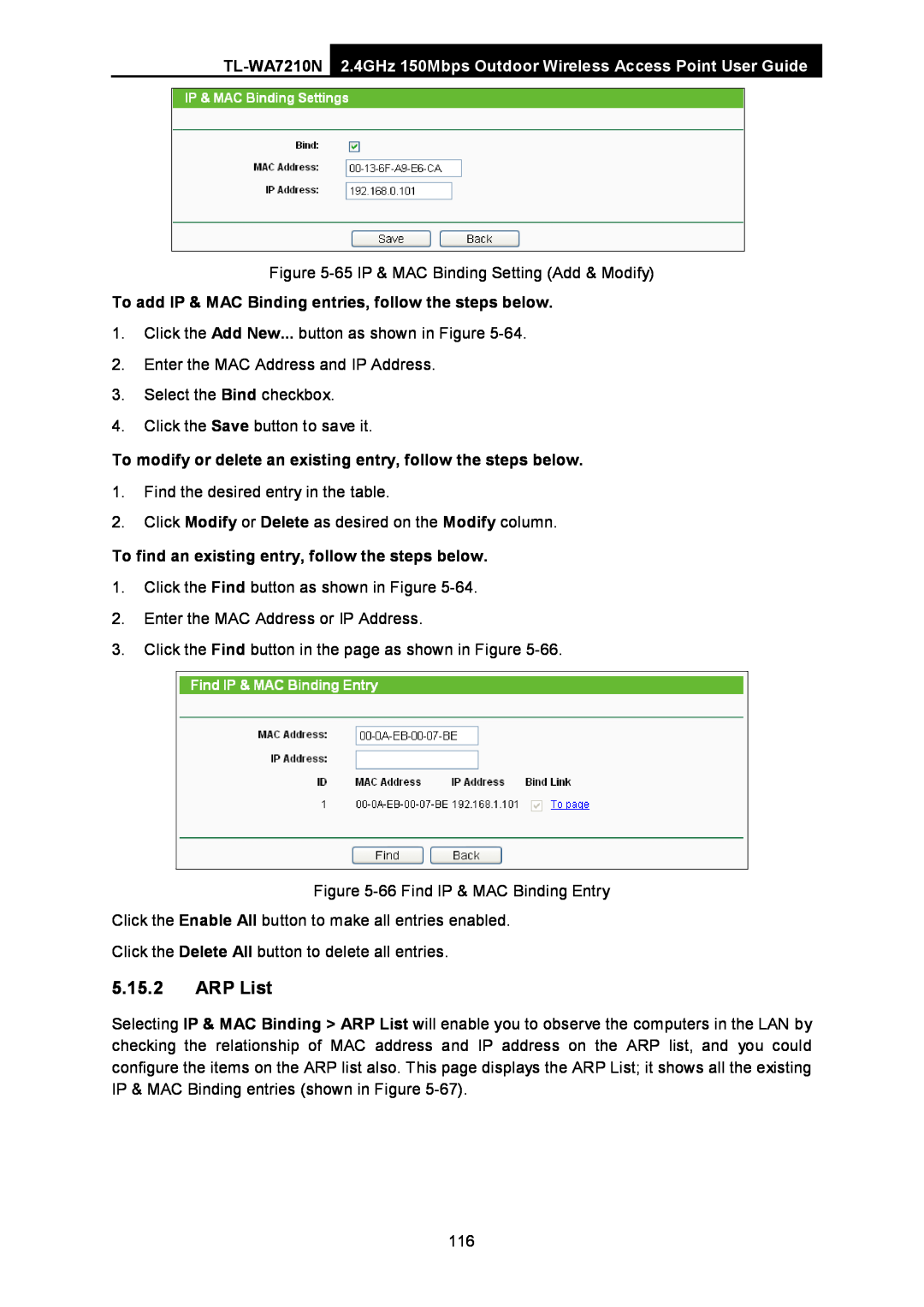 TP-Link TL-WA7210N manual ARP List, To add IP & MAC Binding entries, follow the steps below 