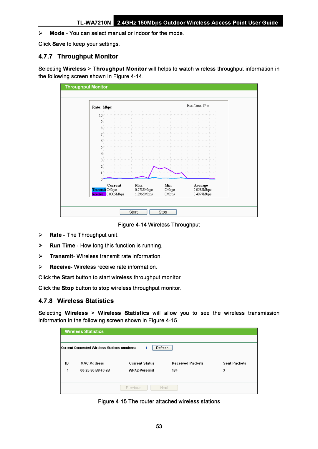 TP-Link TL-WA7210N manual Throughput Monitor, Wireless Statistics 