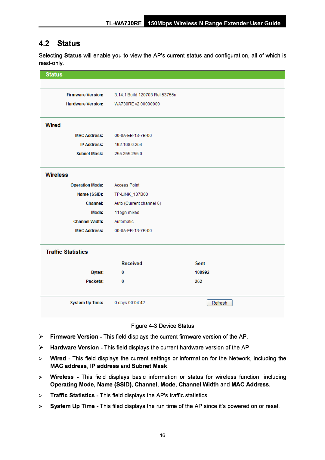 TP-Link manual Status, TL-WA730RE 150Mbps Wireless N Range Extender User Guide 