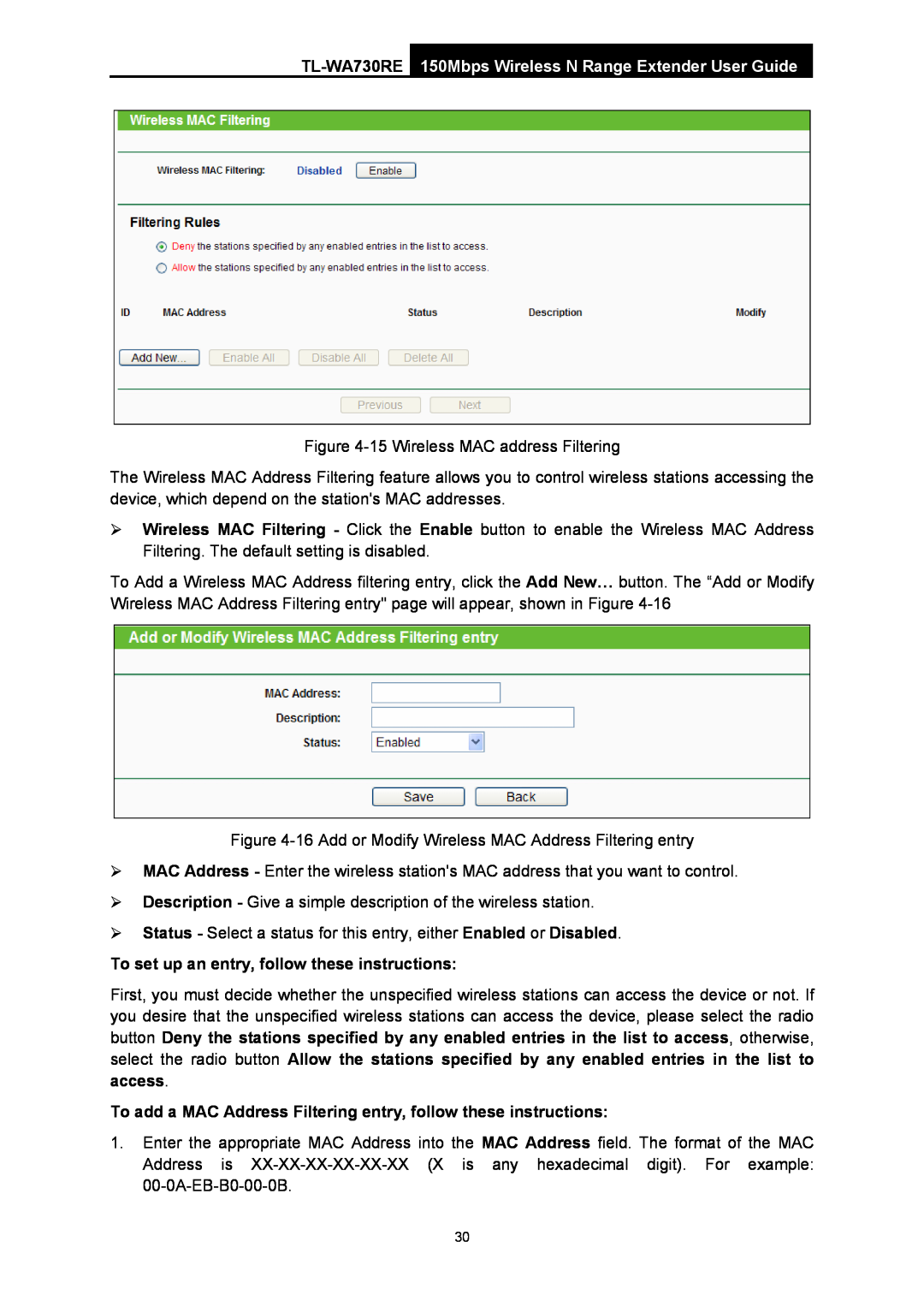 TP-Link manual TL-WA730RE 150Mbps Wireless N Range Extender User Guide, To set up an entry, follow these instructions 