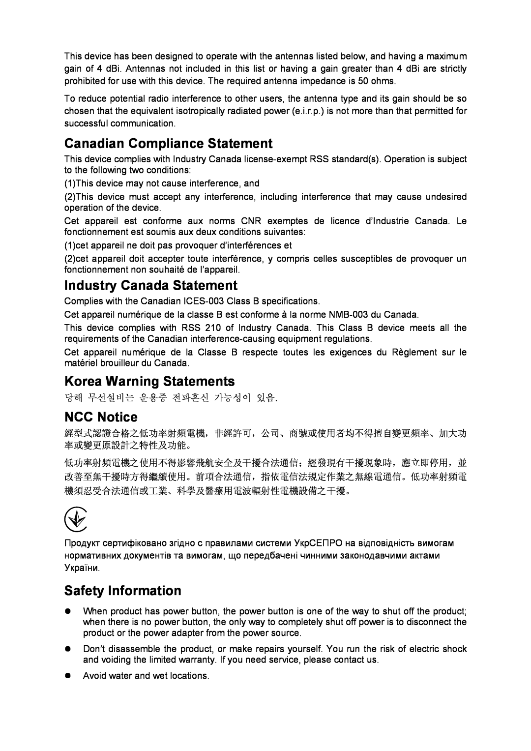 TP-Link TL-WA730RE manual Canadian Compliance Statement, Industry Canada Statement, Korea Warning Statements, NCC Notice 
