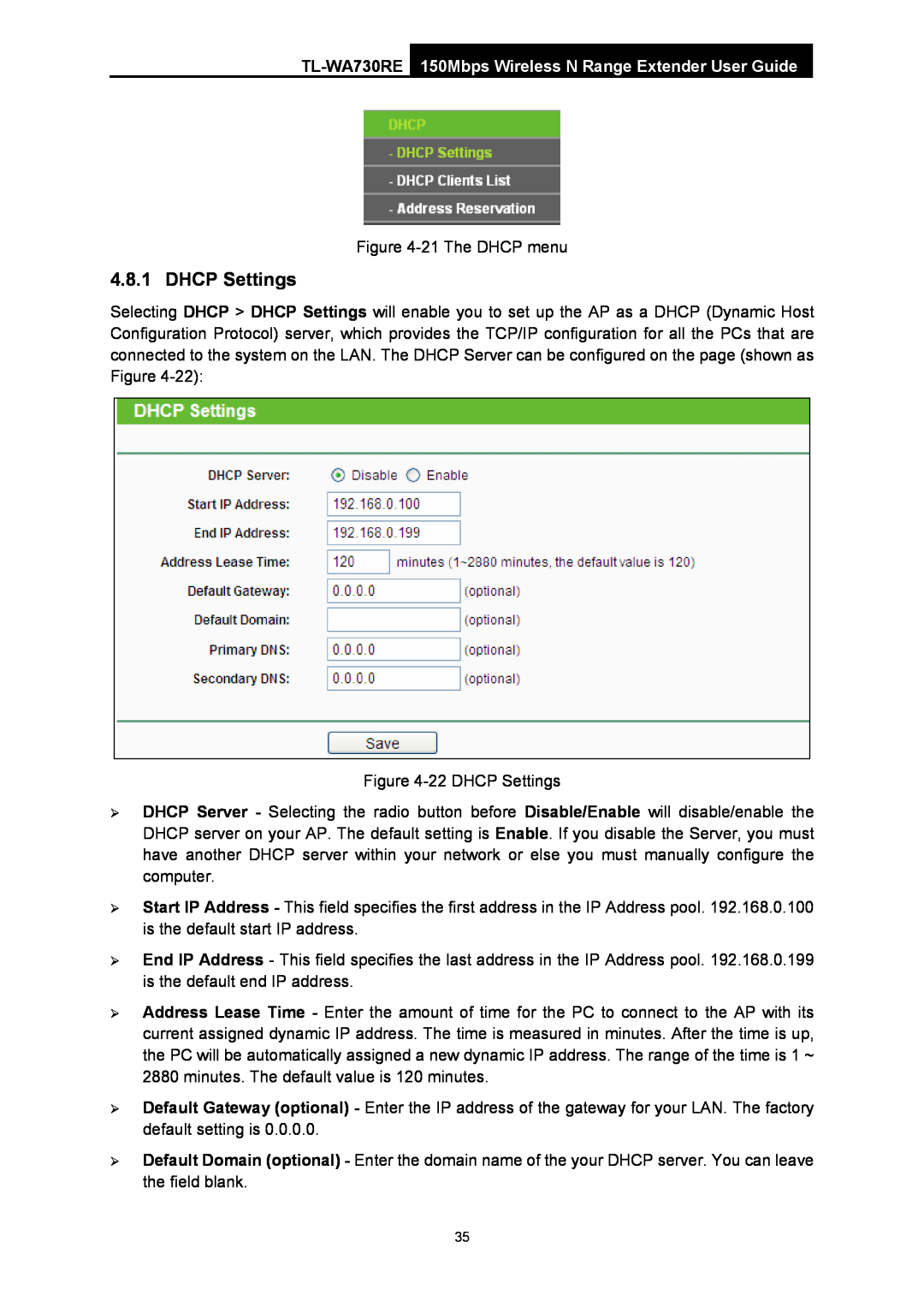 TP-Link manual DHCP Settings, TL-WA730RE 150Mbps Wireless N Range Extender User Guide 