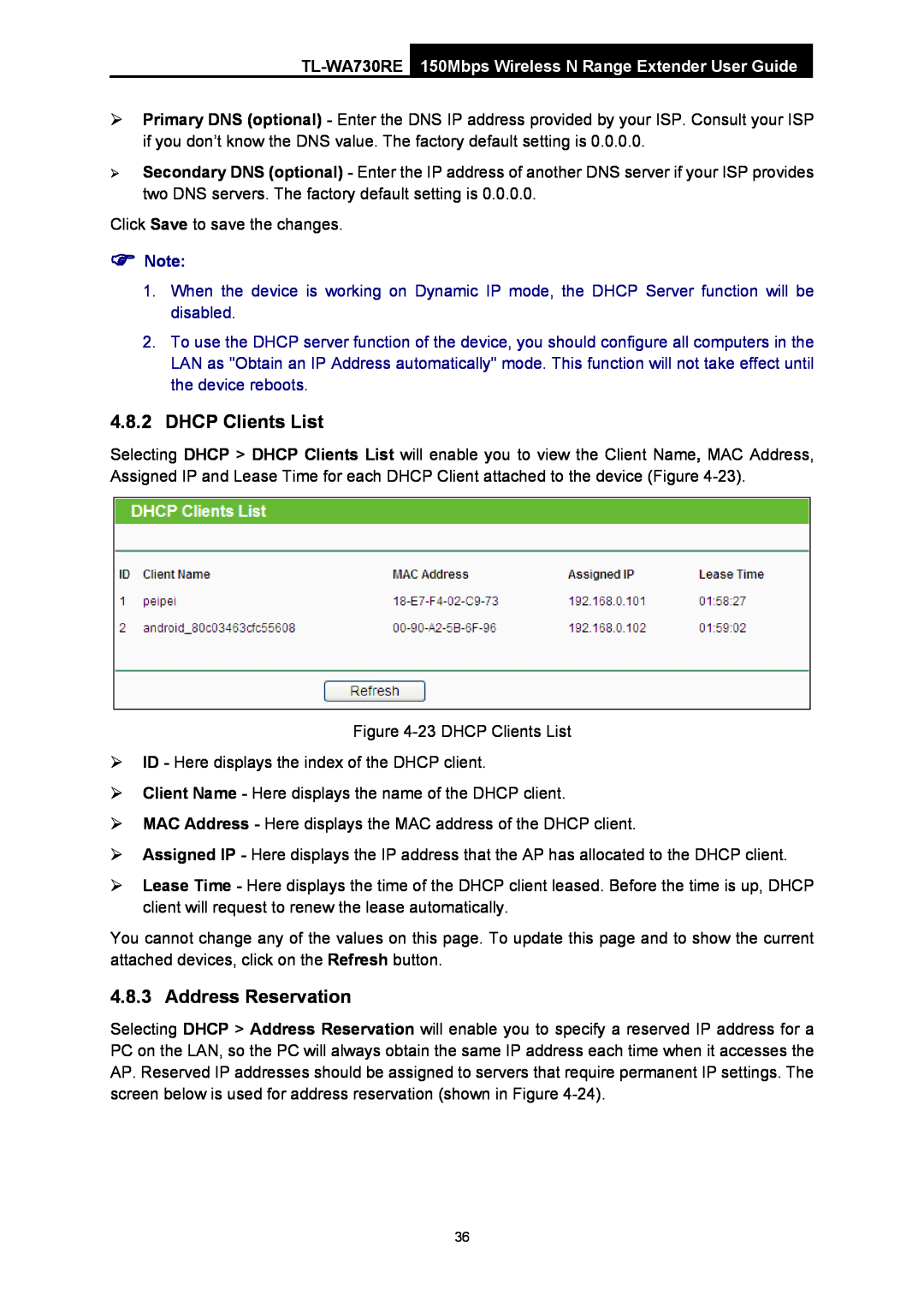 TP-Link TL-WA730RE manual DHCP Clients List, Address Reservation, 150Mbps Wireless N Range Extender User Guide 