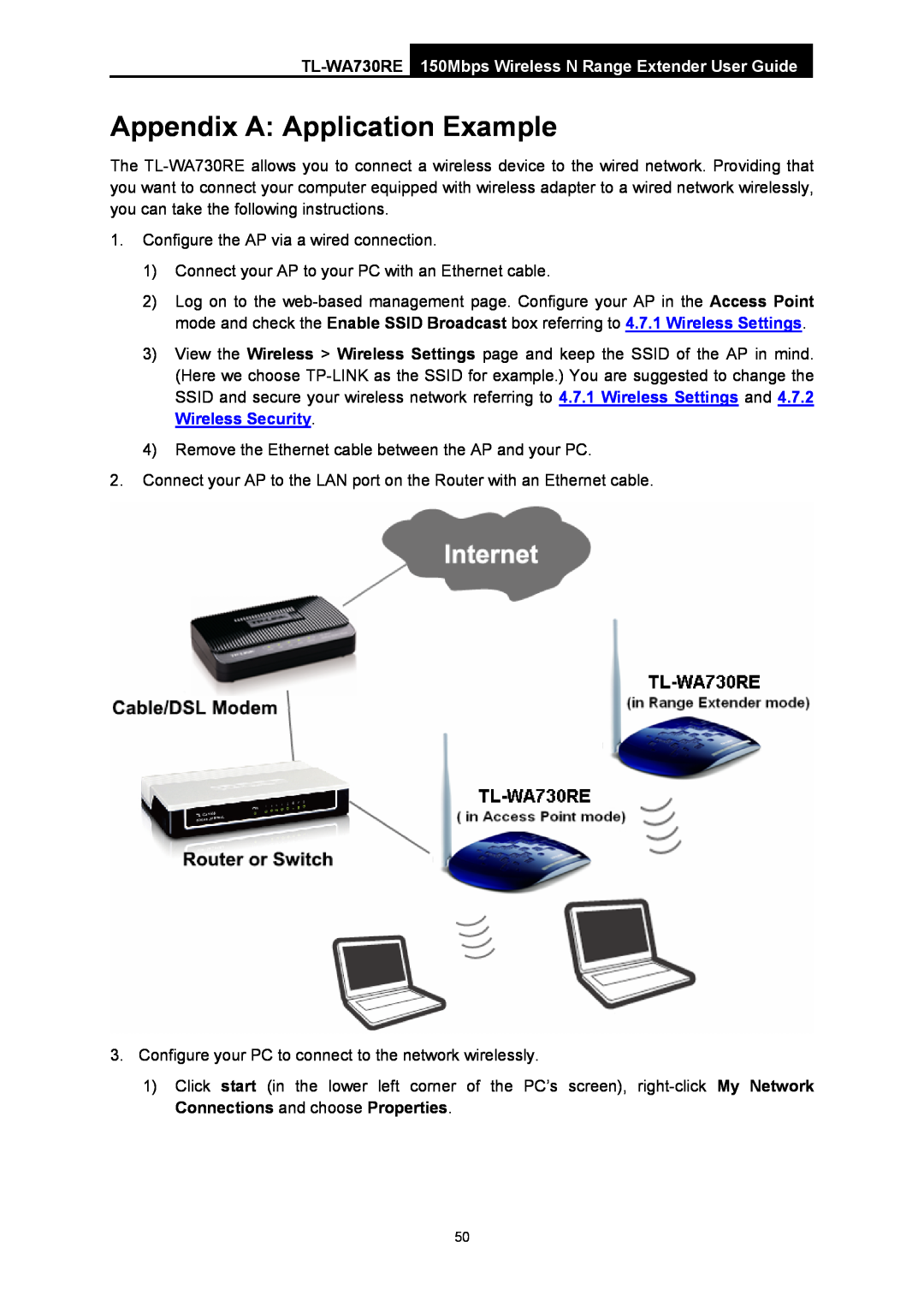 TP-Link manual Appendix A Application Example, TL-WA730RE 150Mbps Wireless N Range Extender User Guide 