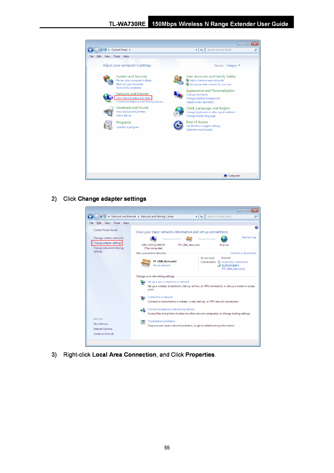 TP-Link TL-WA730RE manual 150Mbps Wireless N Range Extender User Guide, Click Change adapter settings 