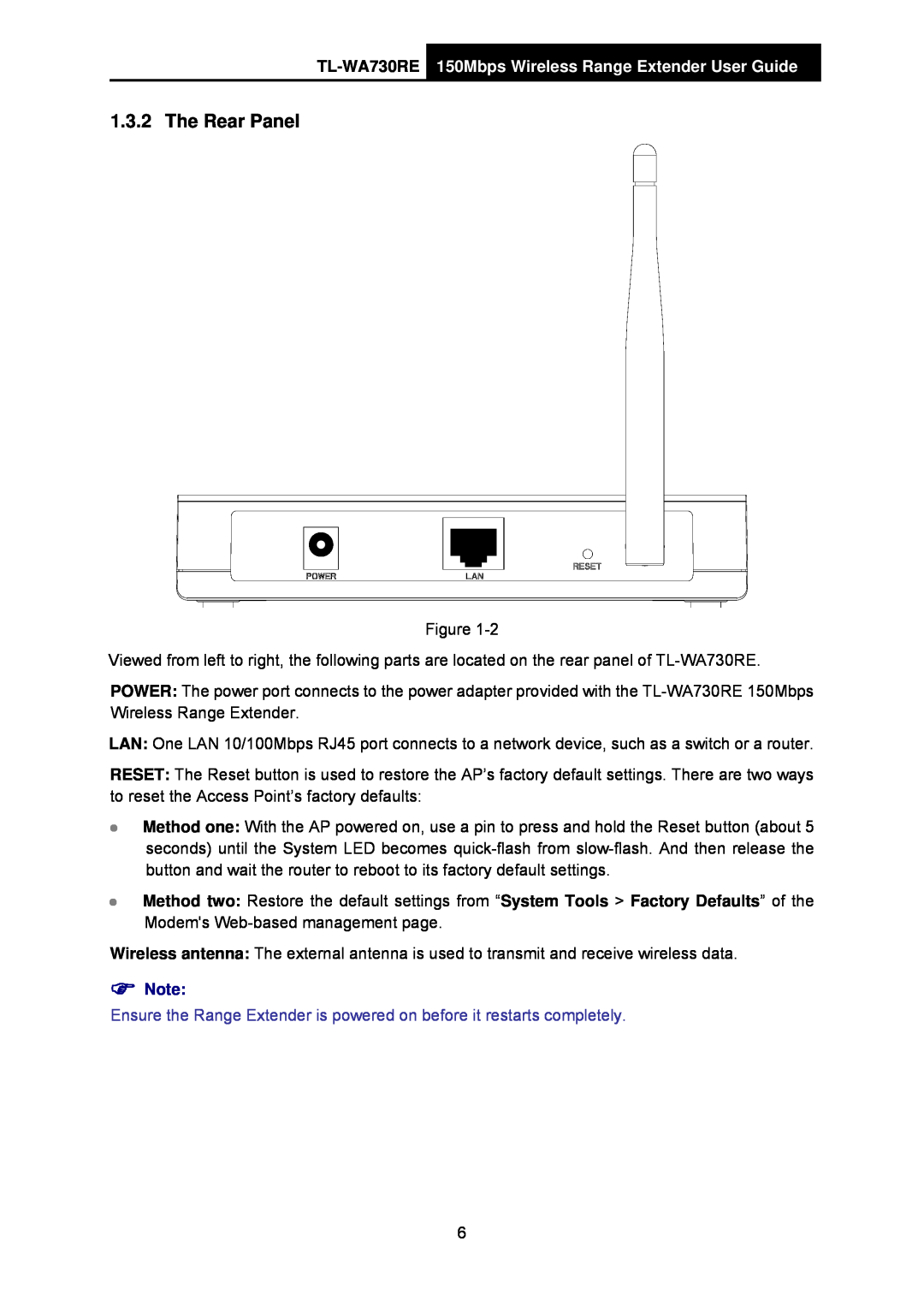 TP-Link manual The Rear Panel, TL-WA730RE 150Mbps Wireless Range Extender User Guide 