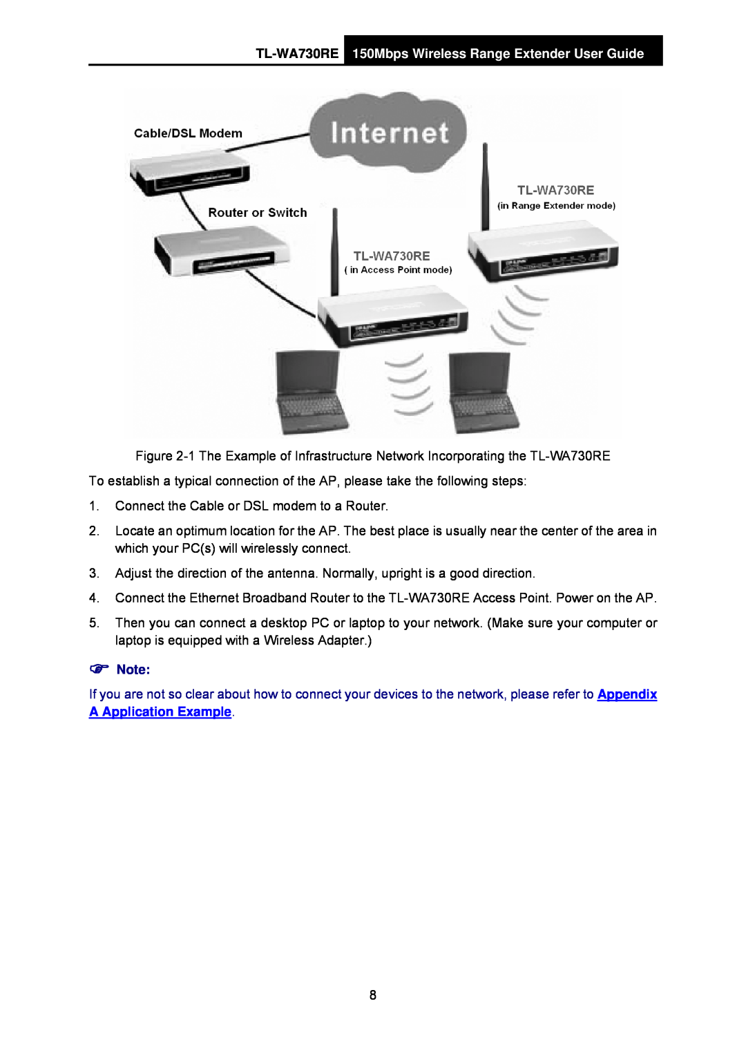 TP-Link manual TL-WA730RE 150Mbps Wireless Range Extender User Guide, Connect the Cable or DSL modem to a Router 