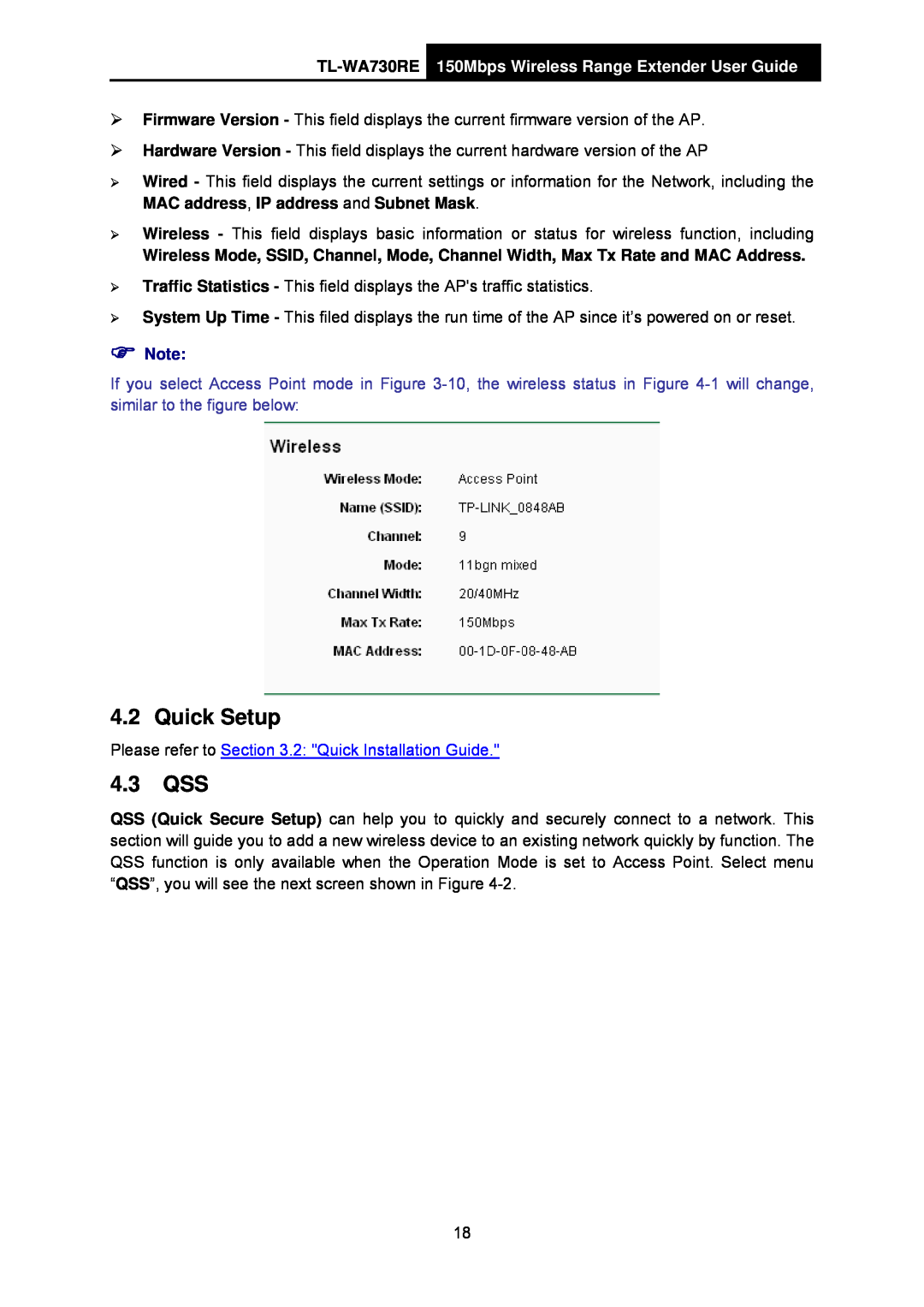 TP-Link manual Quick Setup, 4.3 QSS, TL-WA730RE 150Mbps Wireless Range Extender User Guide 