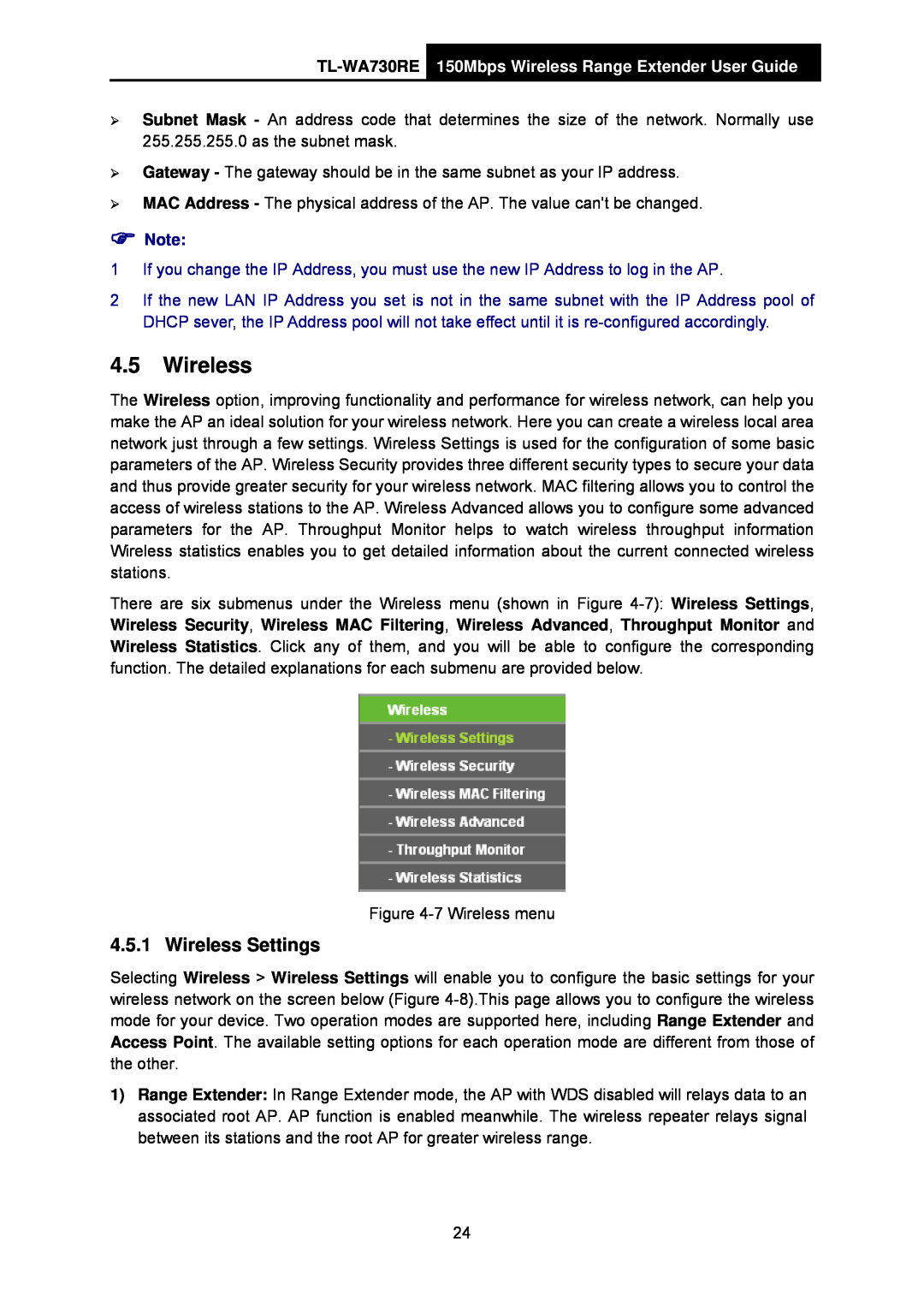 TP-Link manual Wireless Settings, TL-WA730RE 150Mbps Wireless Range Extender User Guide 