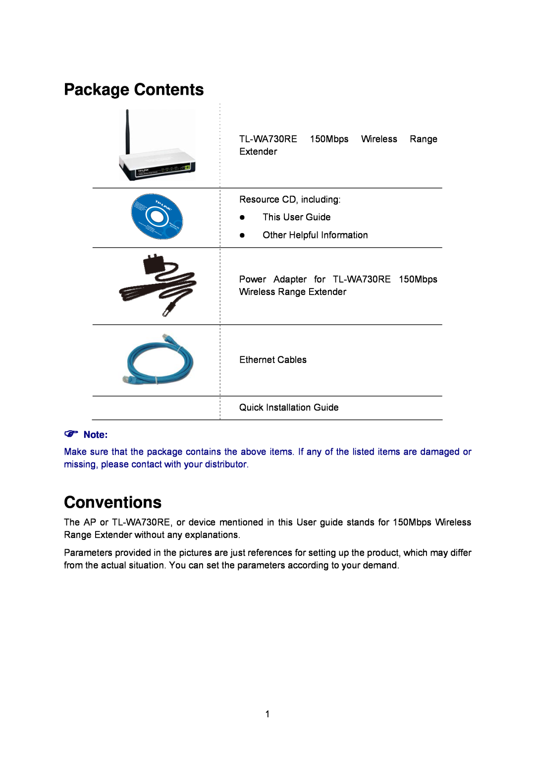 TP-Link TL-WA730RE manual Package Contents, Conventions 