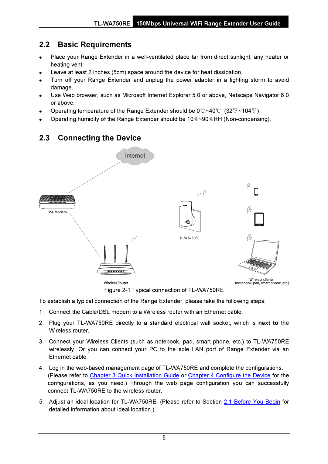 TP-Link TL-WA750RE manual Basic Requirements, Connecting the Device 