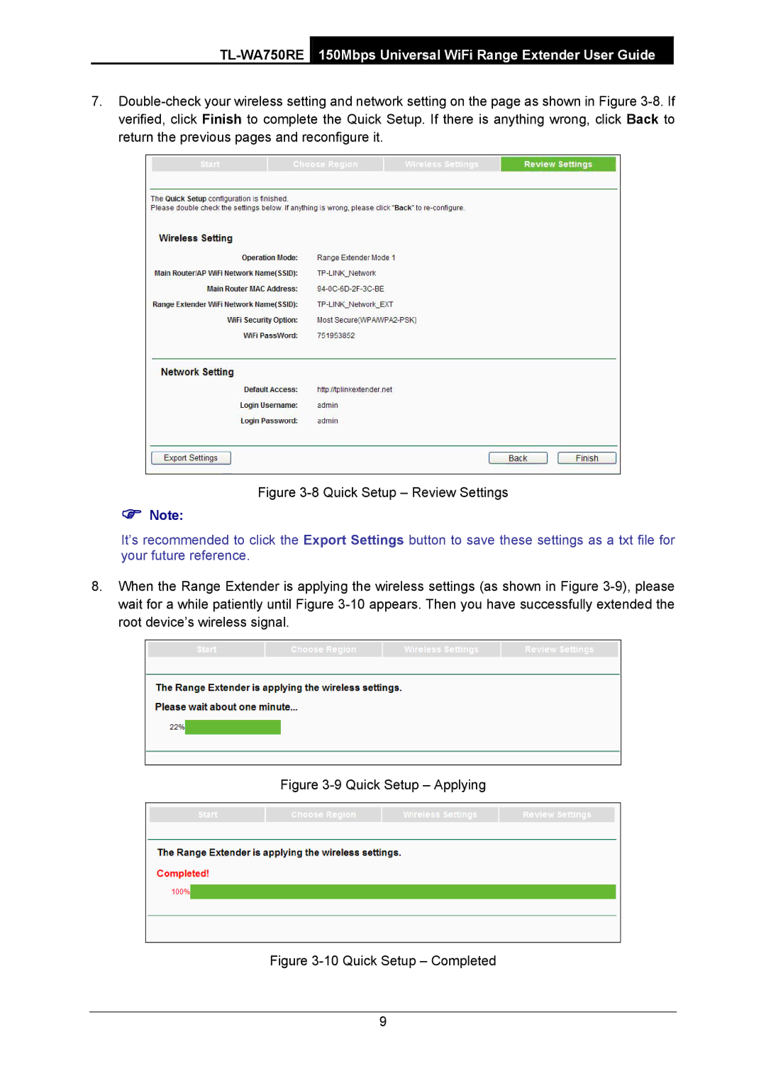 TP-Link TL-WA750RE manual Quick Setup Review Settings 