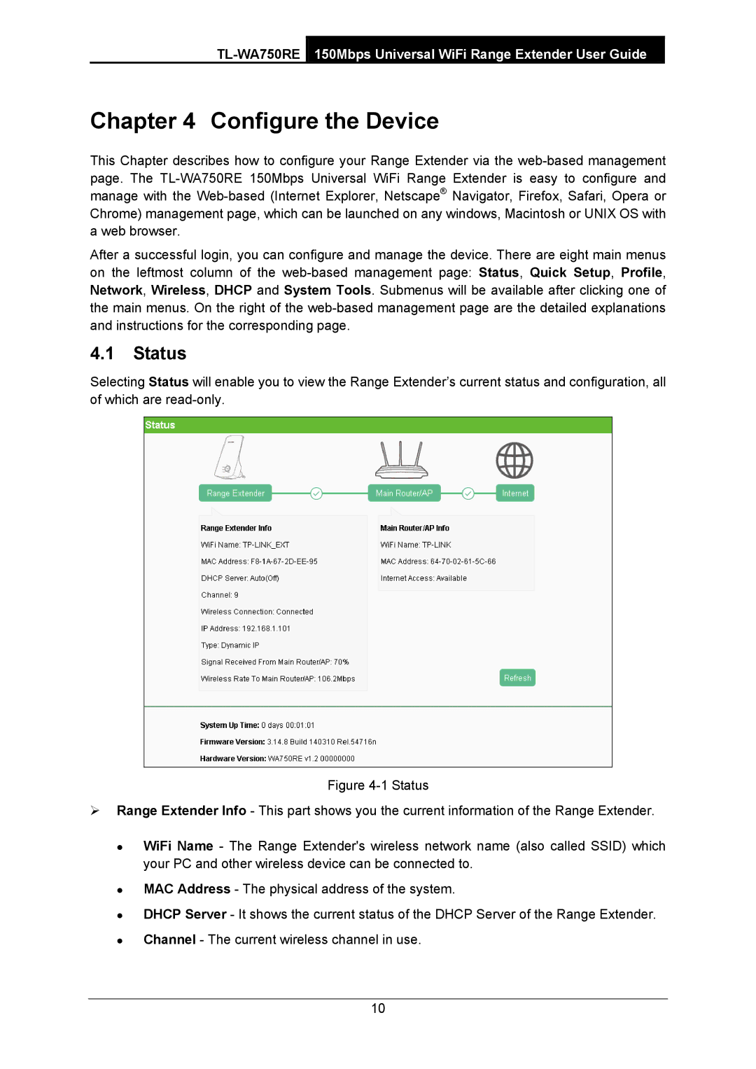 TP-Link TL-WA750RE manual Configure the Device, Status 