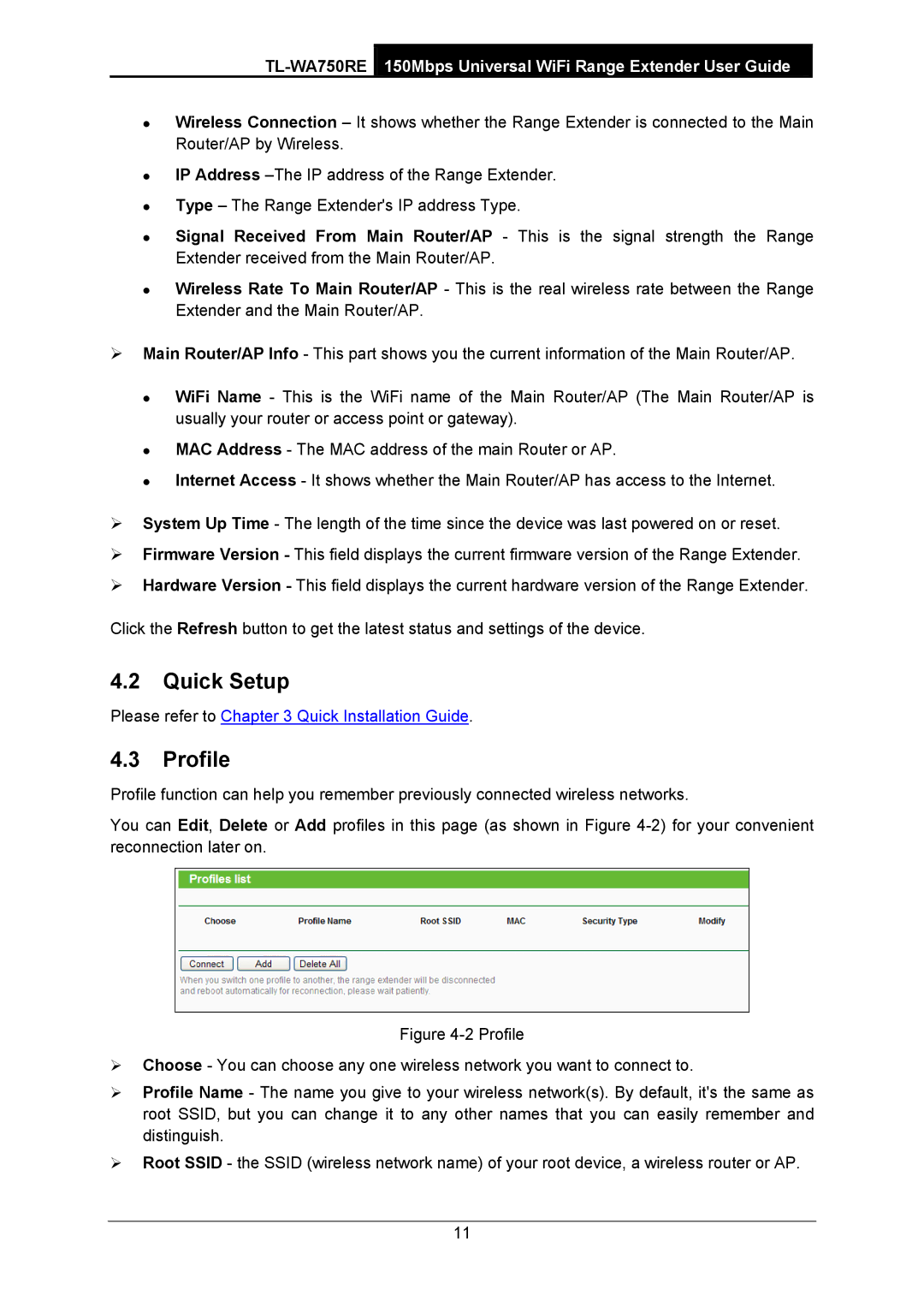 TP-Link TL-WA750RE manual Quick Setup, Profile 