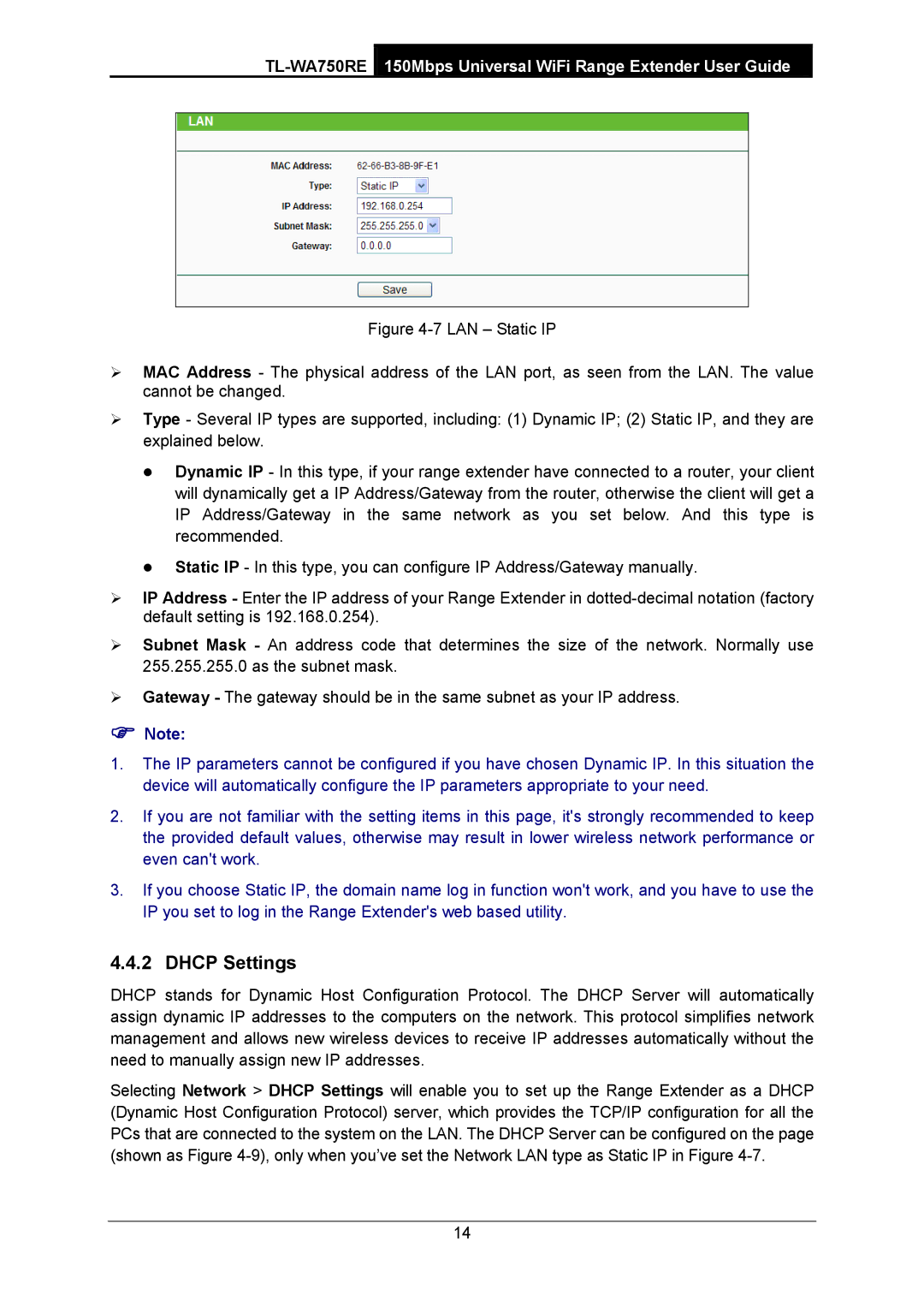 TP-Link TL-WA750RE manual Dhcp Settings 