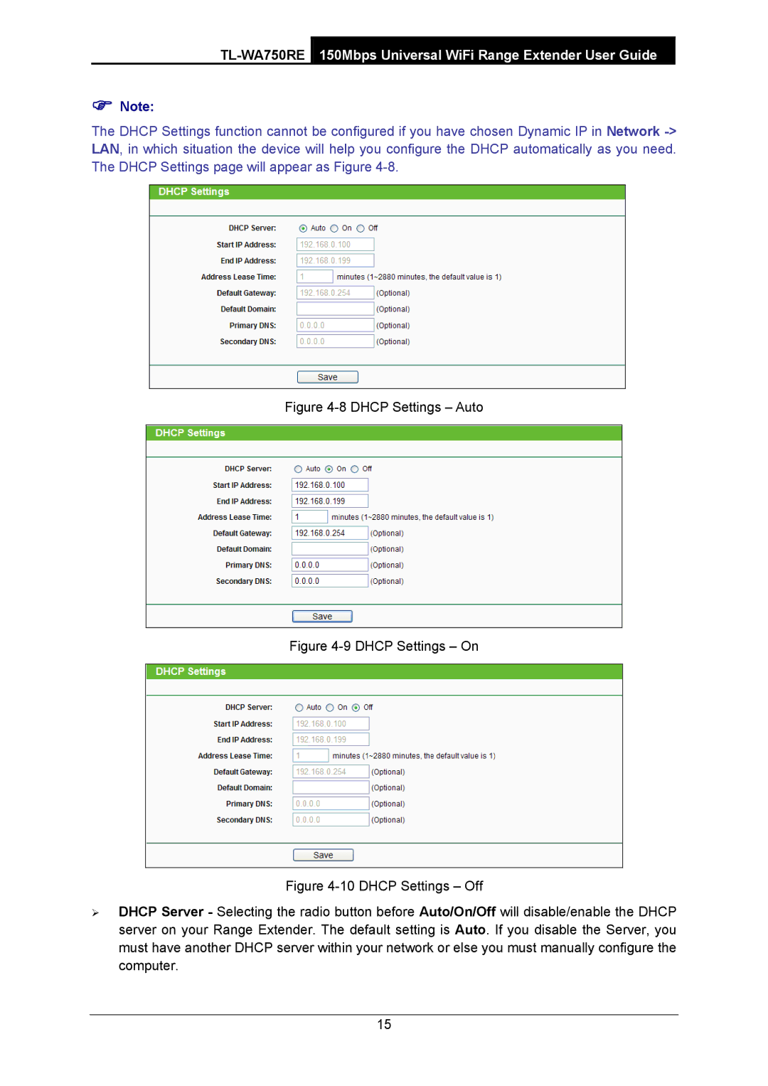 TP-Link TL-WA750RE manual Dhcp Settings Auto 