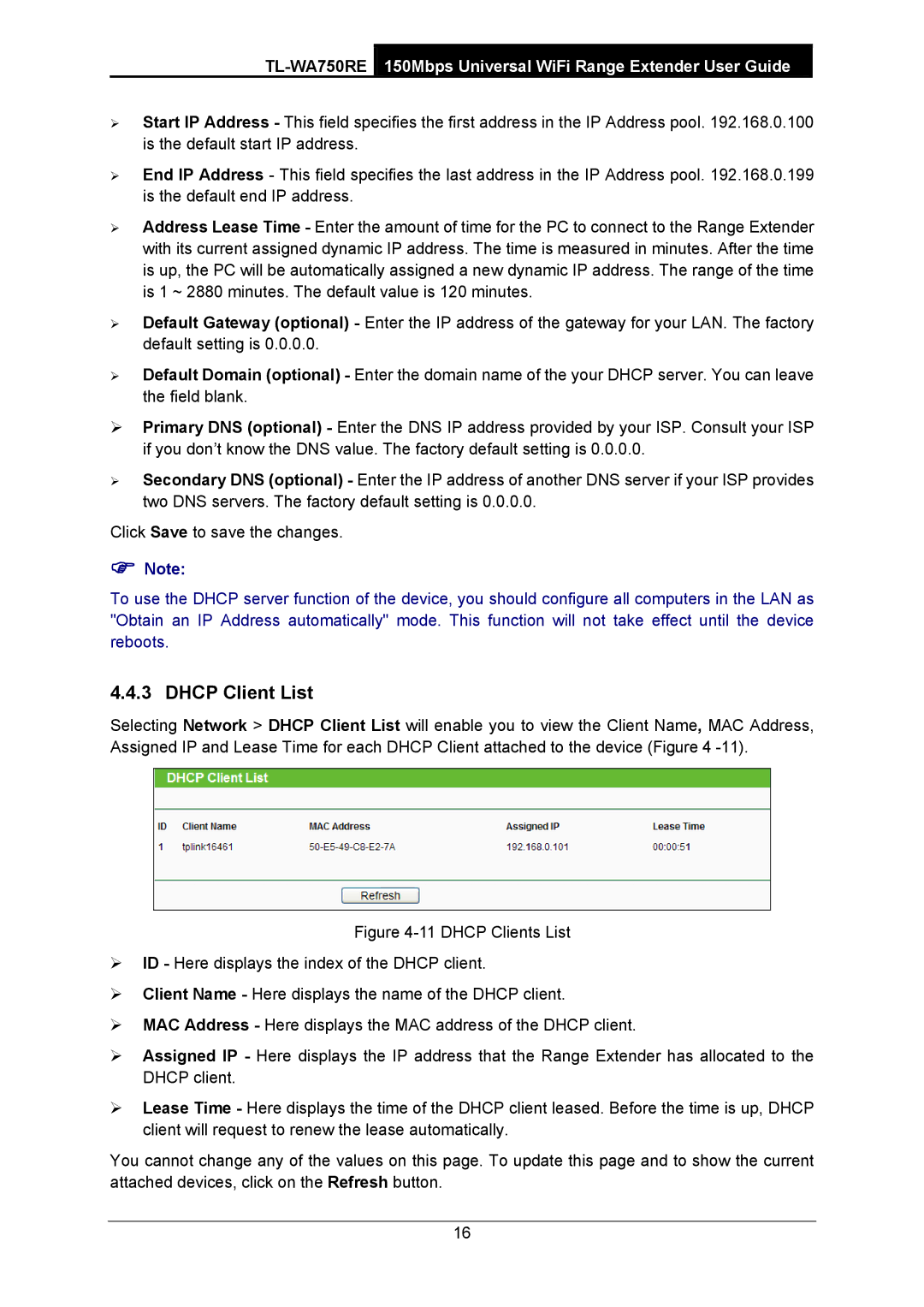 TP-Link TL-WA750RE manual Dhcp Client List 