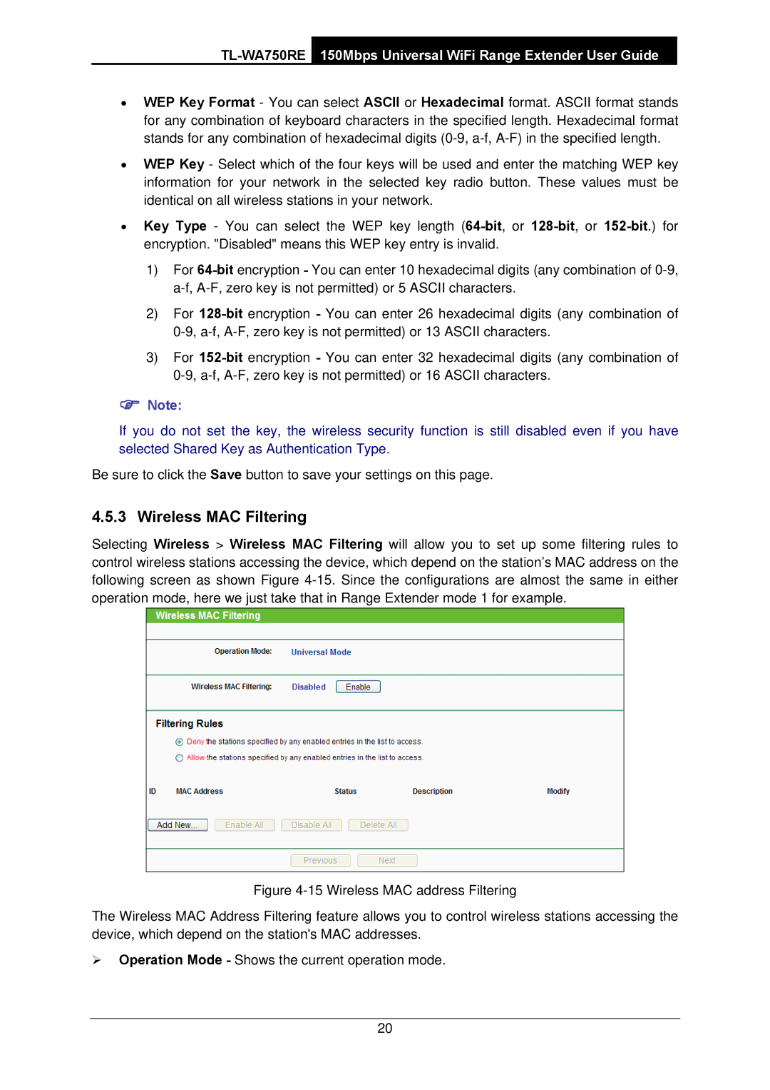 TP-Link TL-WA750RE manual Wireless MAC Filtering 