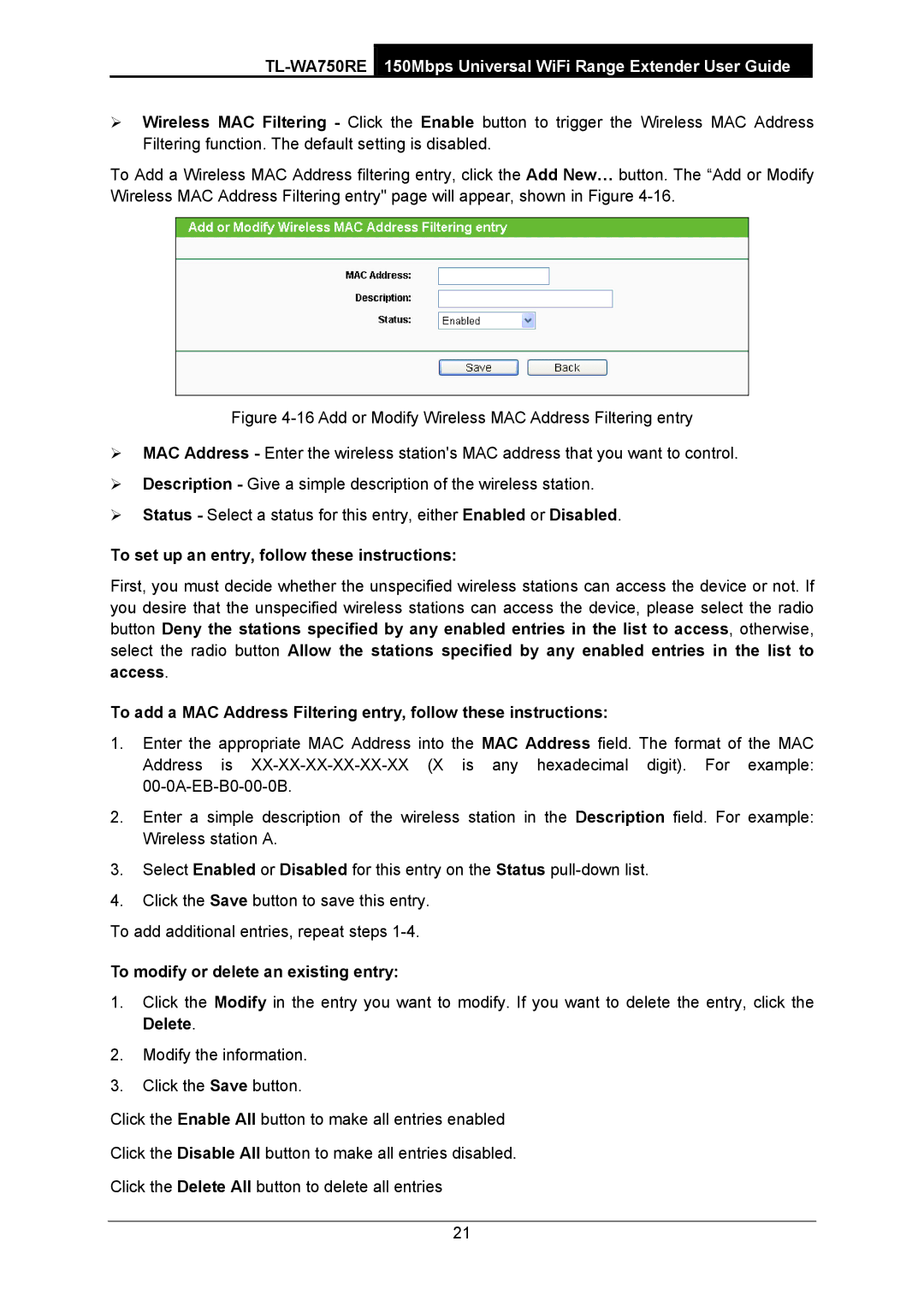 TP-Link TL-WA750RE manual To set up an entry, follow these instructions, To modify or delete an existing entry 